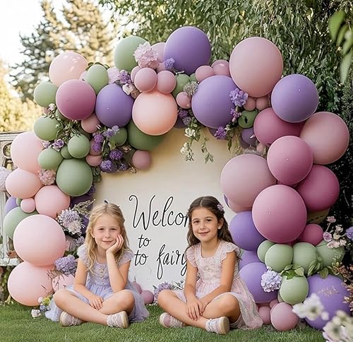 Miniatura 2 de Guirnalda de globos de color verde polvoriento, morado y rosa, doble relleno, color verde claro, rosa, lavanda, lila, kit de arco de globos de Verde