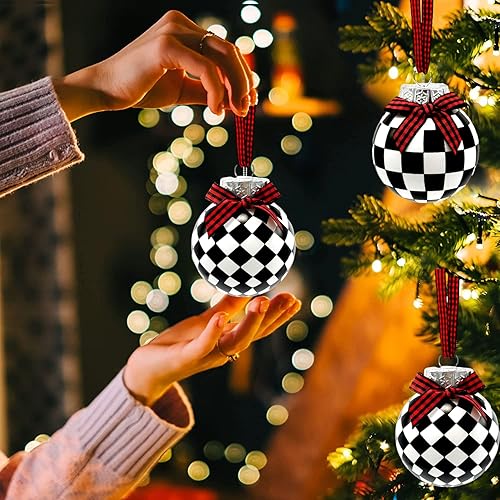 Miniatura 4 de 12 bolas de invierno en blanco y negro a cuadros, adornos de bolas colgantes de Navidad con lazo de cuadros de búfalo, decoración de árbol de