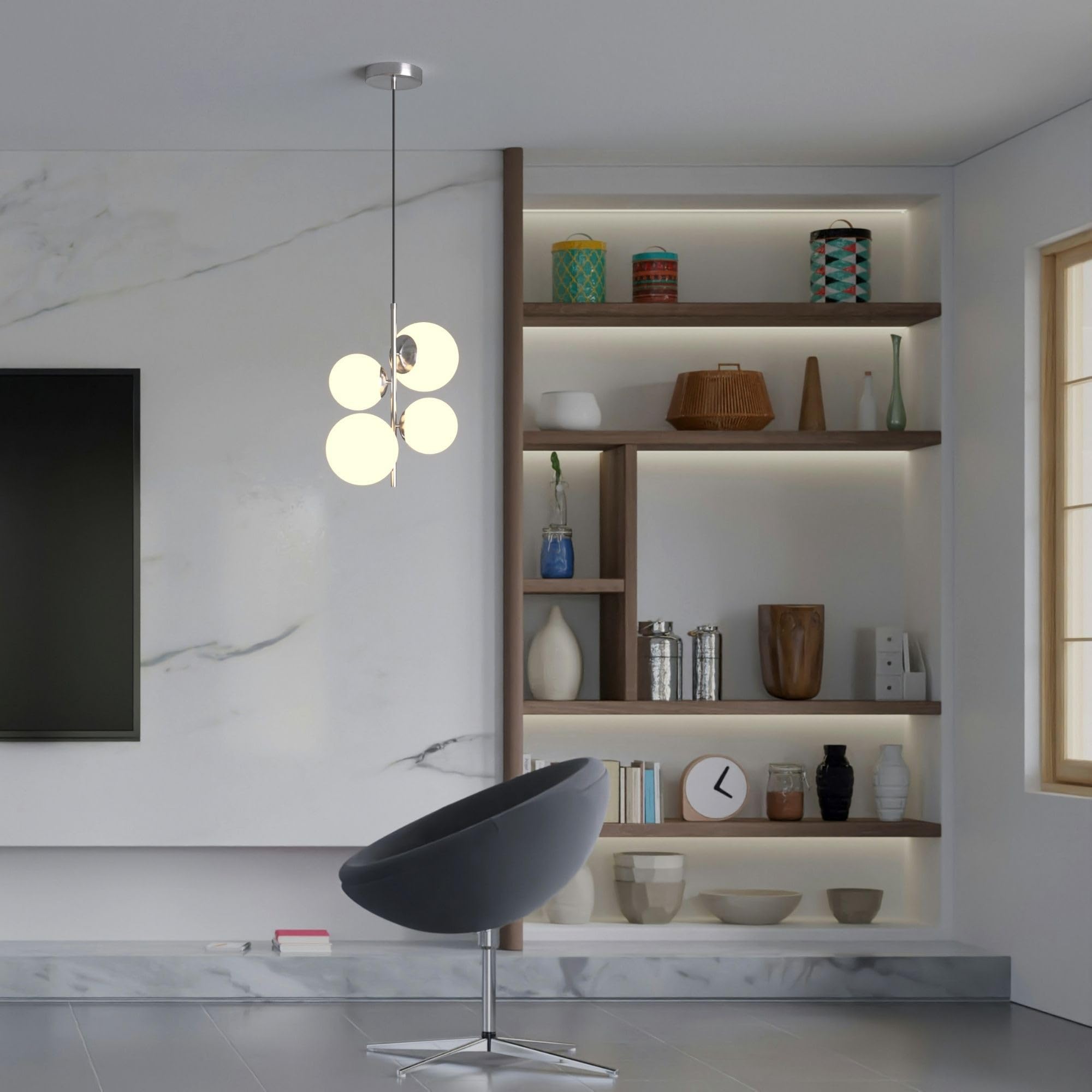 Lampada a sospensione da soffitto TANNA a 4 sfere, lampada moderna in vetro opalino e alluminio, attacco E27, Ø 15cm, altezza regolabile, per soggiorno, sala, cucina o camera da letto