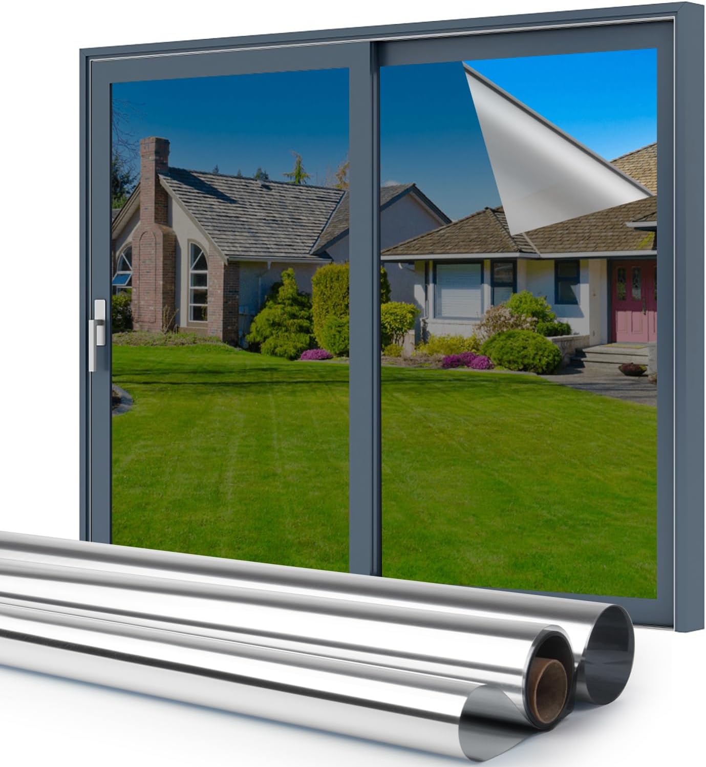 Kromapolis One Way Window Film Daytime Privacy, Reflective Mirror Window Tint See Out Not in, Sun UV Blocking Heat Control Static Cling for Home Office (Silver, 35.4 Inch x 6.5 Feet)
