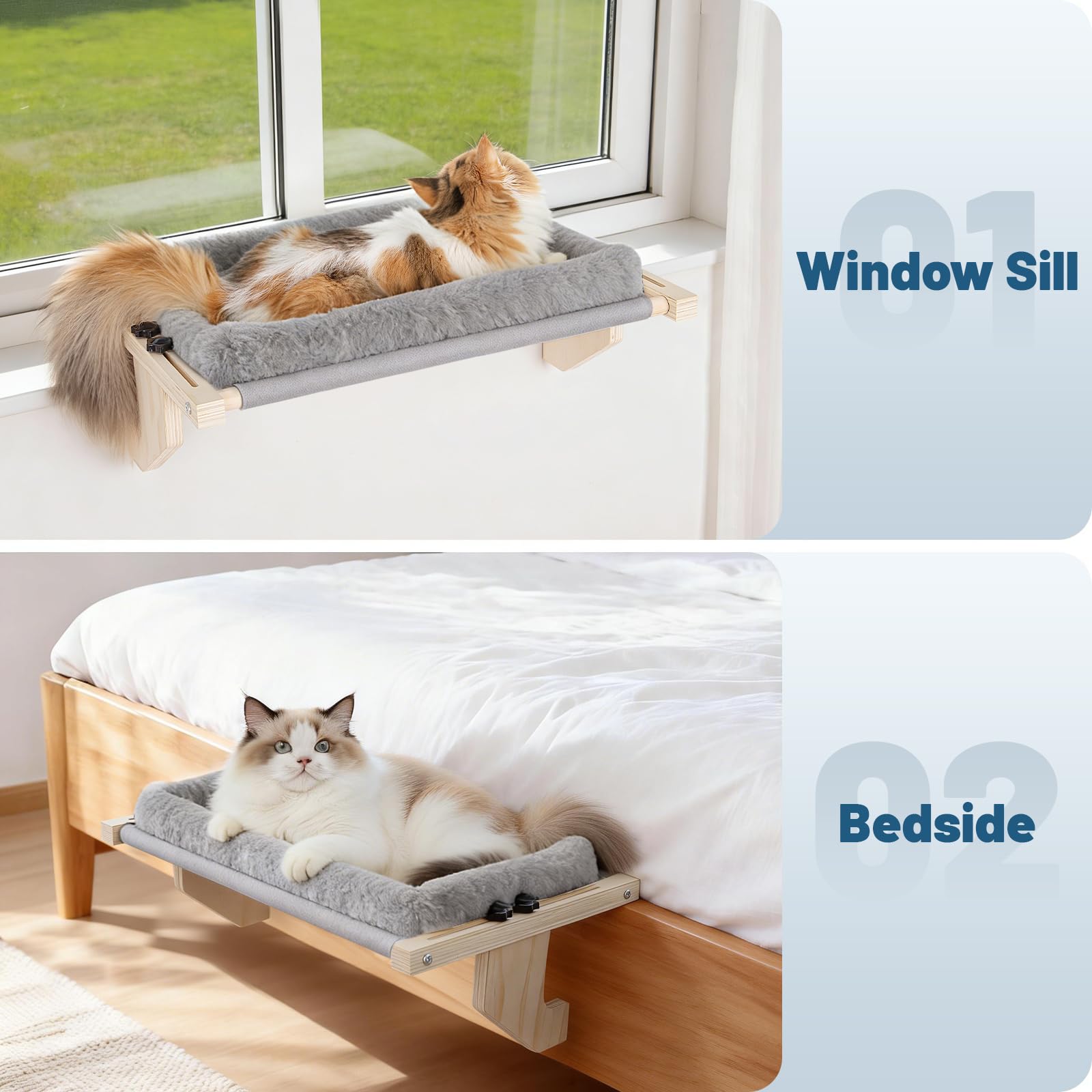 Fensterstange für Katzenschweller, Rahmen aus 100 % natürlichem Kiefernholz, weiches Kaninchenfellkissen, werkzeuglose Anpassung, unterstützt 22,7 kg (groß-grau)