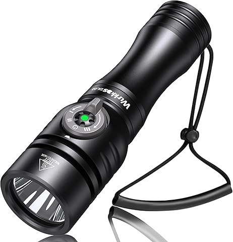Wurkkos DL02 Linterna de Buceo Led, Antorcha de Buceo de 3000 Lúmenes con Indicador de Potencia, IPX8 Impermeable Profesional Recargable Luz de Buceo para Cueva 100m Submarina de Noche - Negro