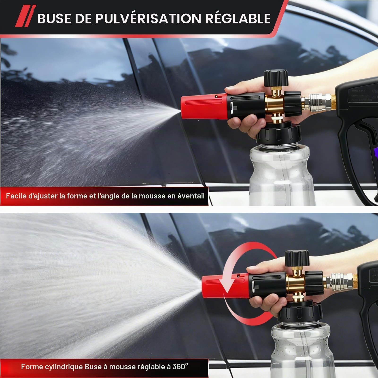 Pistolet de Nettoyage Haute Pression 5200 PSI avec Lance à Mousse 1L et 5 Buses pour Nettoyage de Voiture, Adaptateur Compatible Karcher