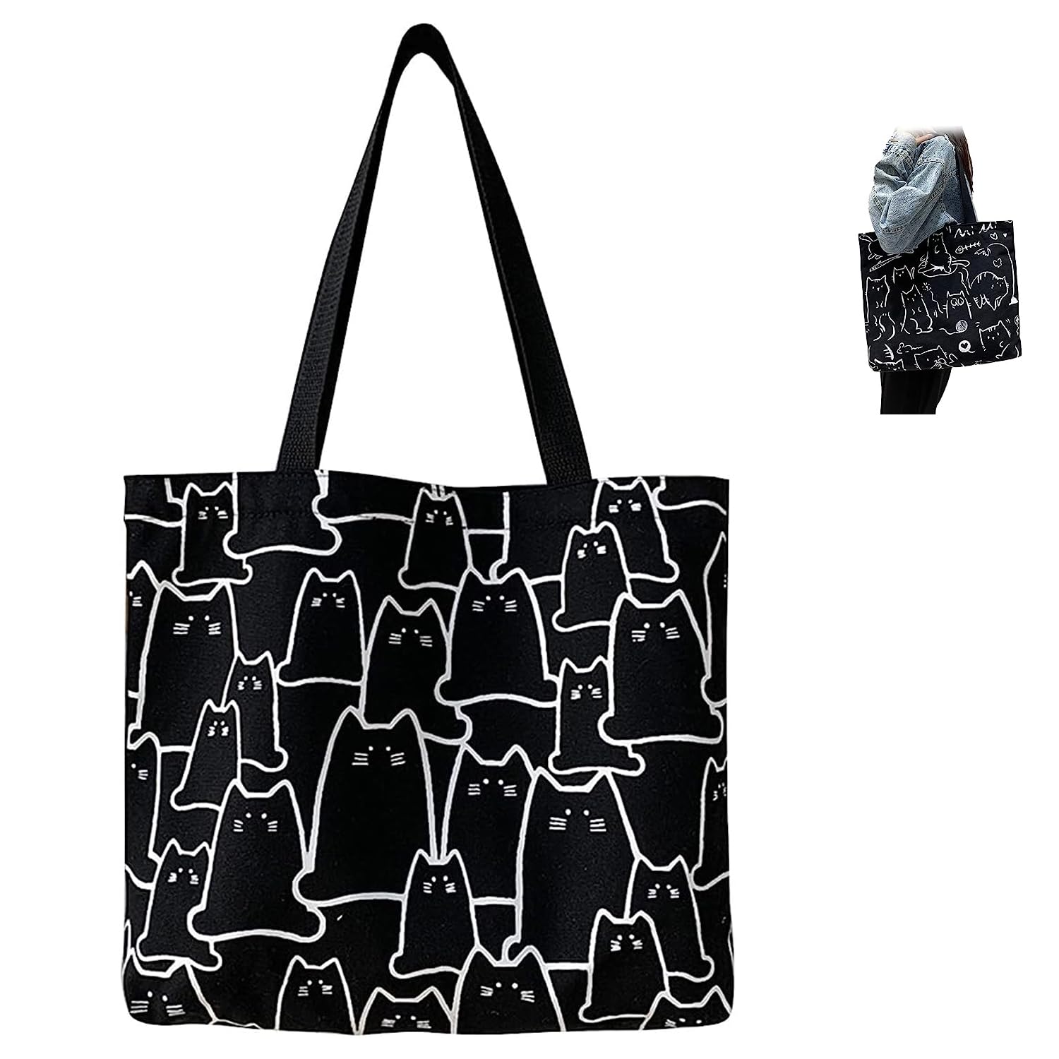 Cat Canvas Tote Bag，tote bag with zip，canvas bag， Cotton Reusable Shopping Bag with Pocket， Cute Cat Tote Beach Bags Aesthetic for Women As Gift