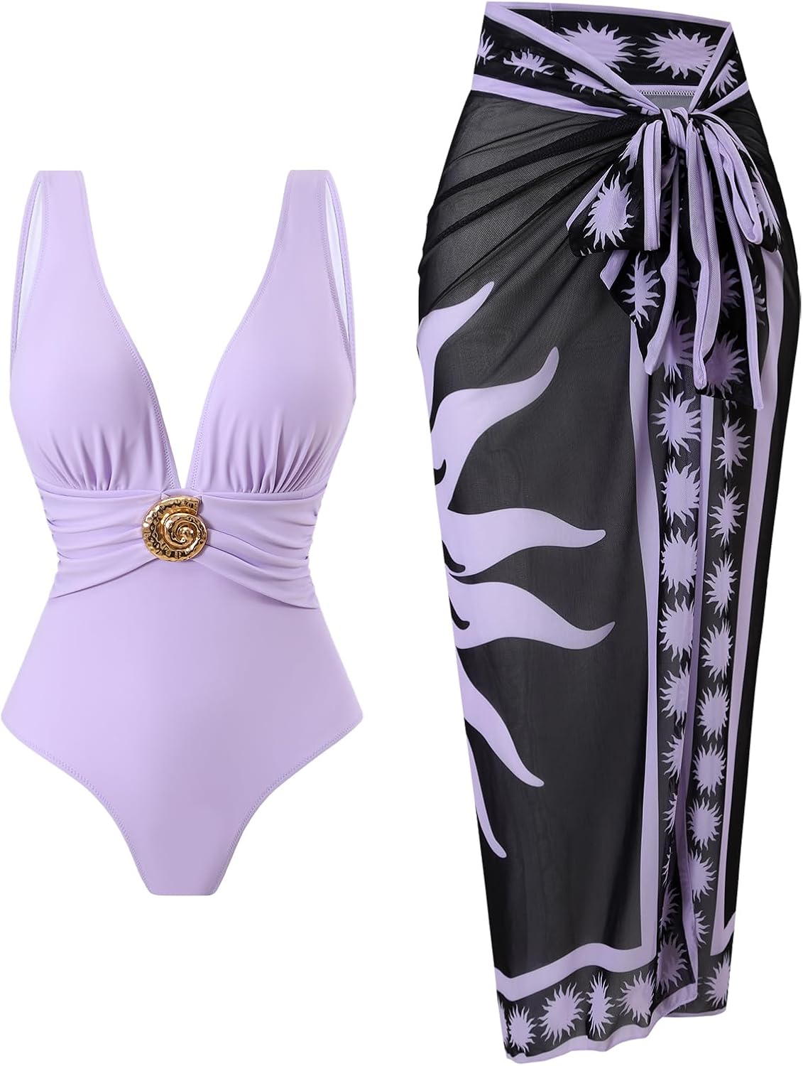 SherryDC One Piece Swimsuit with Cover up Wrap Skirt Sarong Floral Print Plunge V Neck Bathing Suit for Women