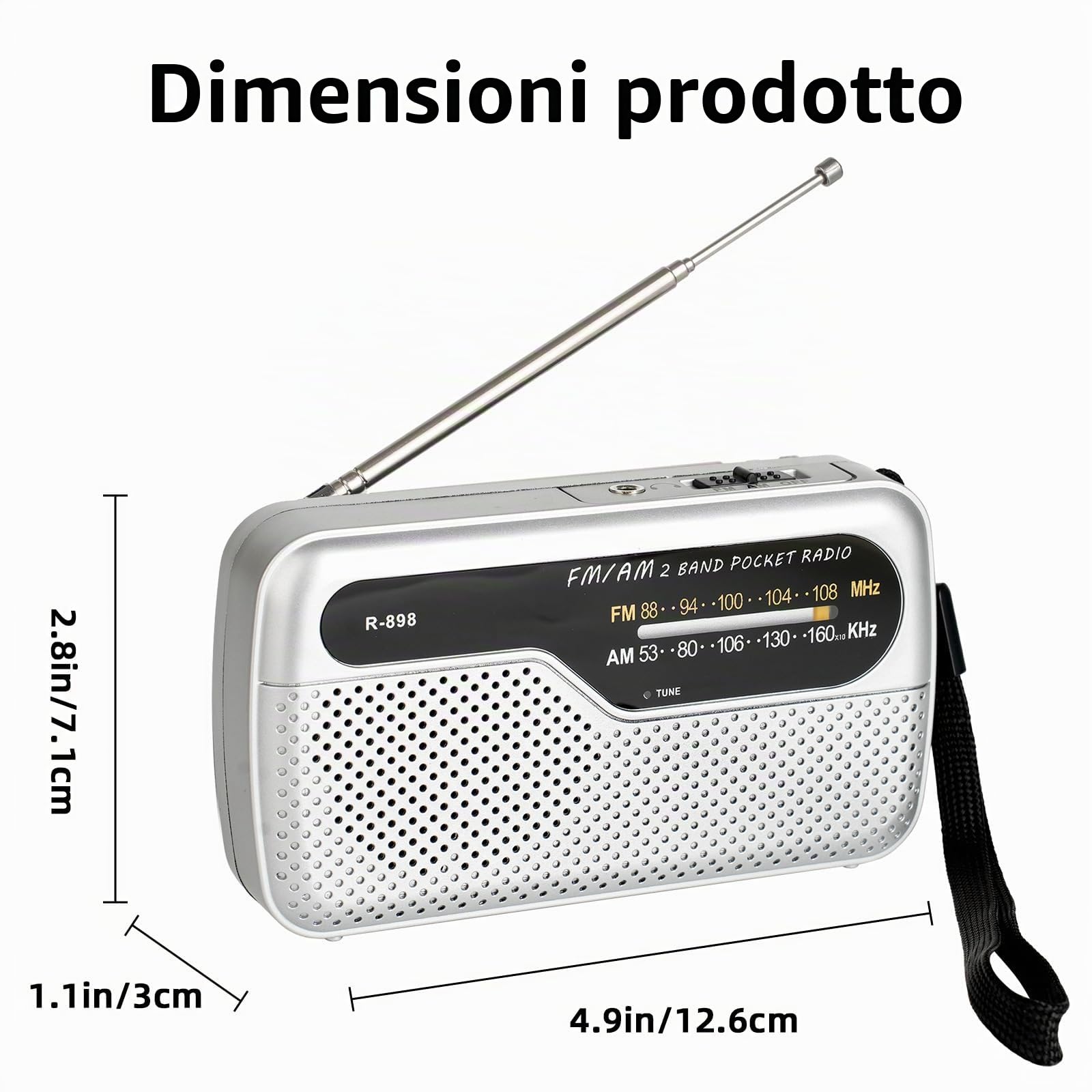 Radio portatile FM transistor con altoparlante potente, funziona con 2 batterie AA, argento