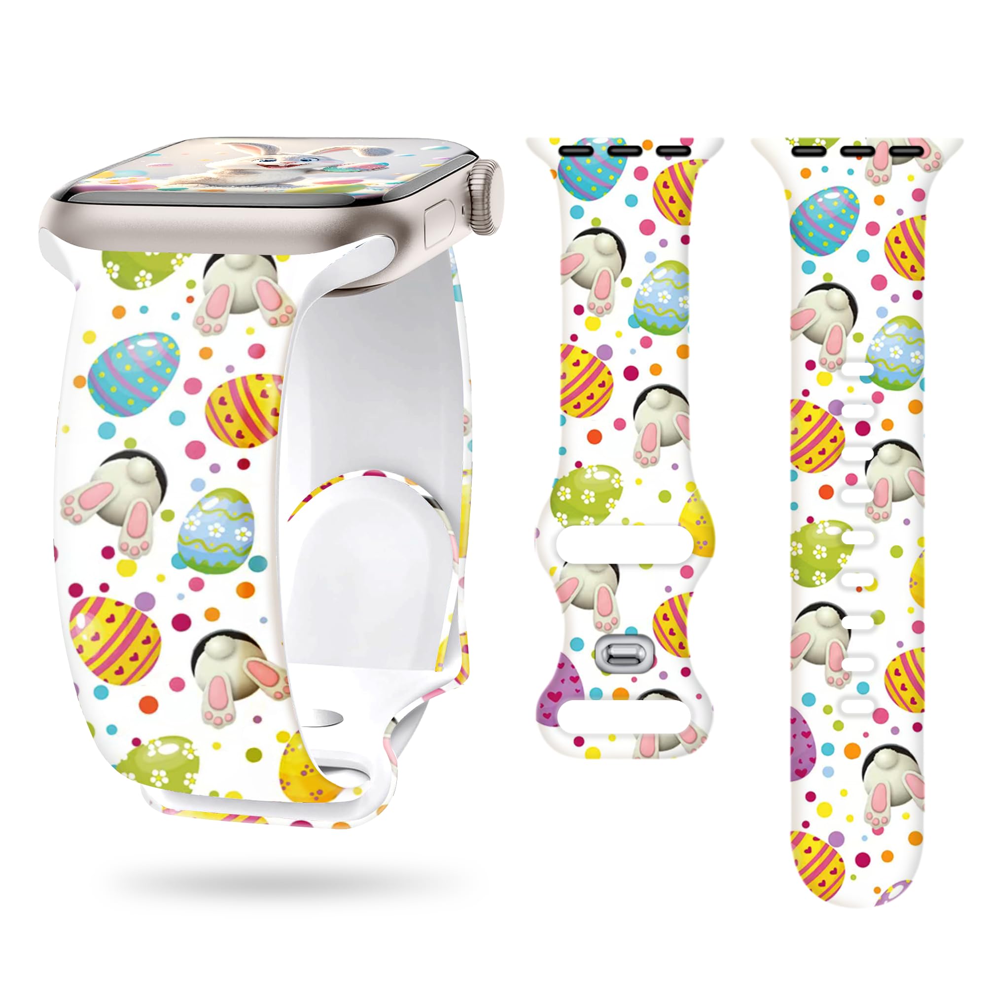 Aniaboho Compatible with Dressy Designer Silicone Bunnies and colored eggs Apple Watch Bands for Women Men 44mm 45mm 49mm 42mm 46mm, iWatch Bands for Watch Ultra SE Series 10 9 8 7 6 5 4(Egg-cellent Bunnies)