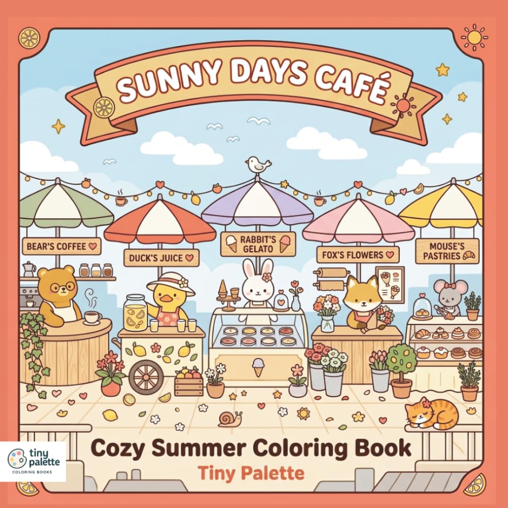 Sunny Days Cafe Coloring Book: 40 Cozy Summer Coloring Pages Featuring Cute Animal Characters at a Rooftop Café | Bold Easy Kawaii Illustrations for Adults and Teens