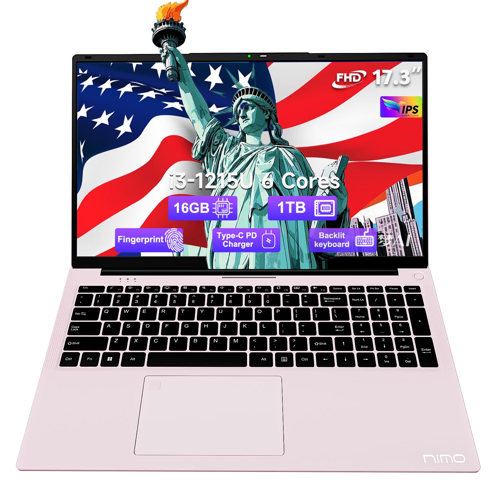 NIMO 17.3 Business-Laptop, 16GB RAM 1TB SSD, Intel Core i3-1215U, Windows 11 Computer PC with Backlit Keyboard Fingerprint Unlock 65W Type-C WiFi 6 BT5.2 54Wh Battery for Students Seniors Home Office