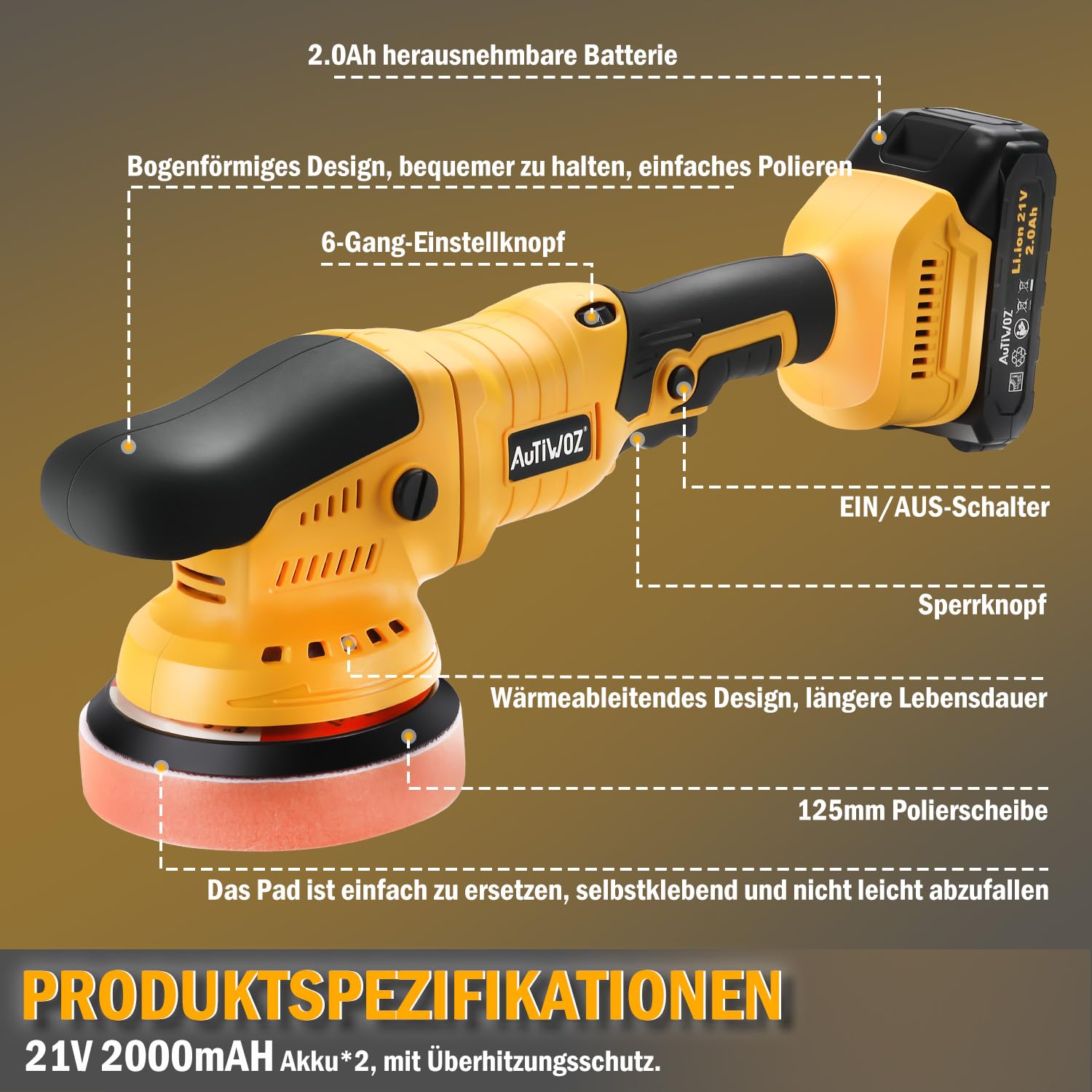 AUTIWOZ 21V Akku Poliermaschine Auto,Exzenterpolierer Orbit 9mm,Professionell Puffer/Polier mit 2 Batterien,6 Geschwindigkeit 2800-5800RPM,Polierte Polieren Auto Boot Motorrad,125mm Polierschwamm