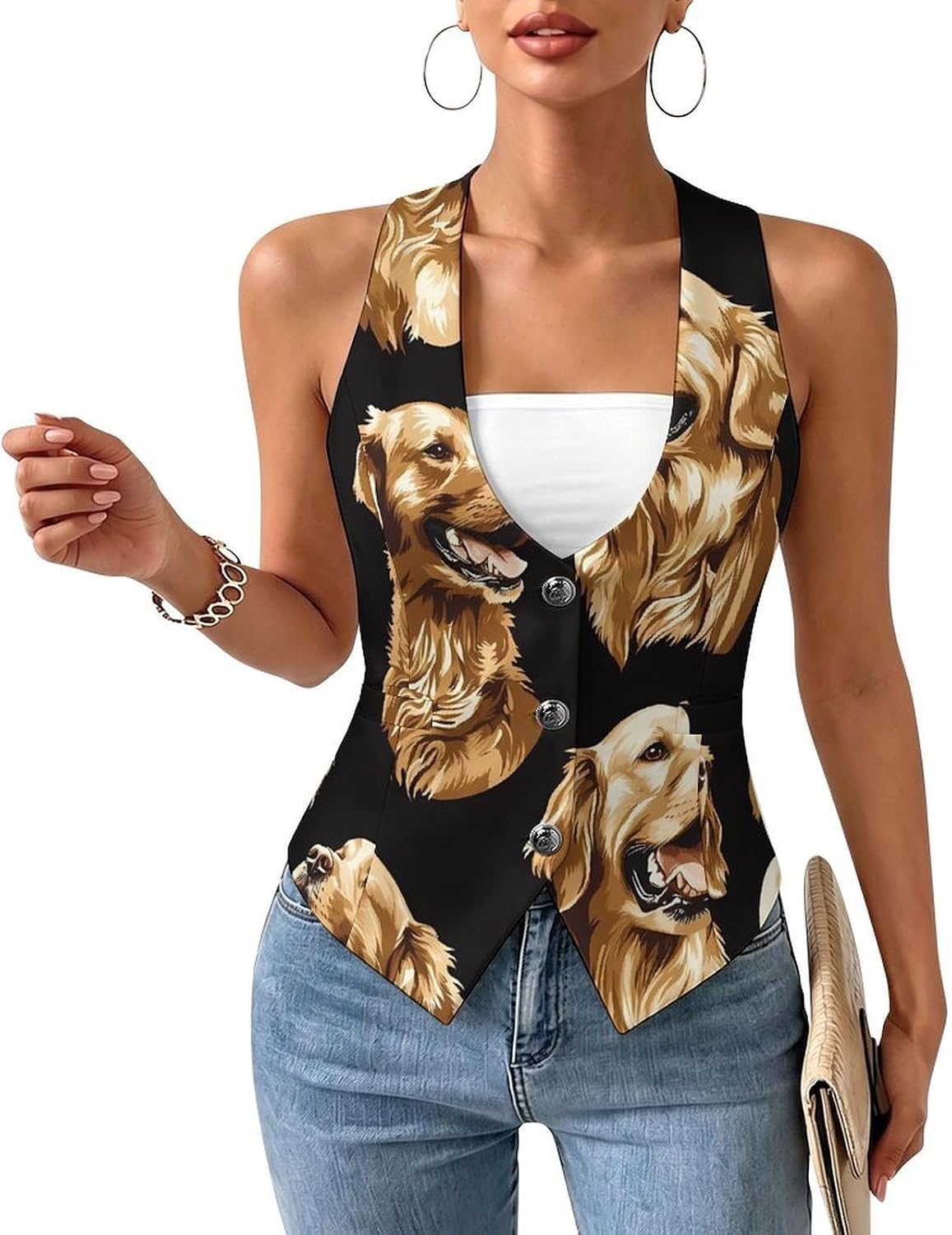 Cute Retriever Dogs Women's Tuxedo Waistcoat Suit Vest | 3 Button V-Neck Slim Fit Casual Sleeveless Top