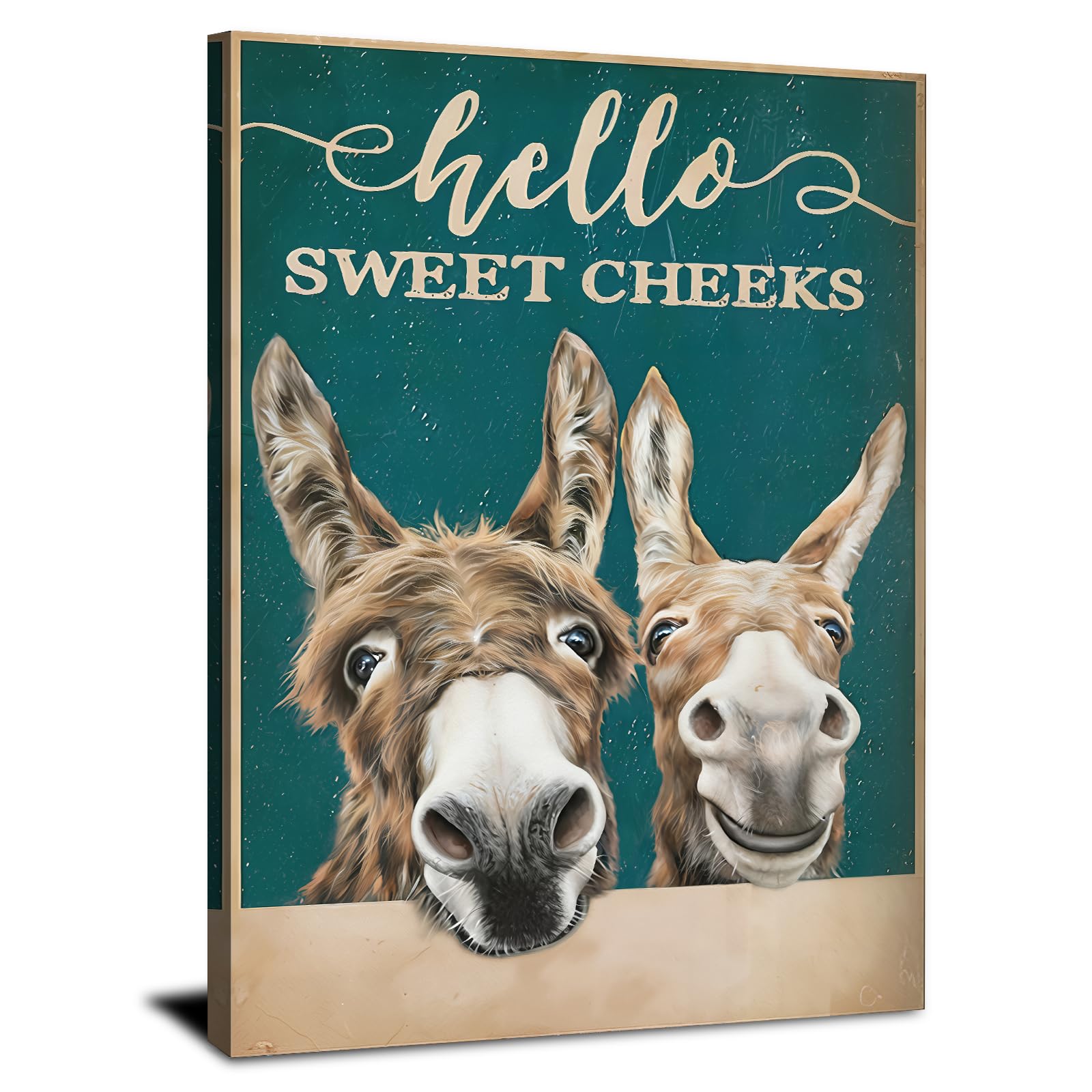 Funny Donkey Canvas Wall Art Hello Sweet Cheeks Bathroom Quote Sign Decor Cute Farmhouse Animal Wall Picture Vintage Teal Rustic Country Decor for Bathroom Toilet Washroom Home Decoration 30x40cm
