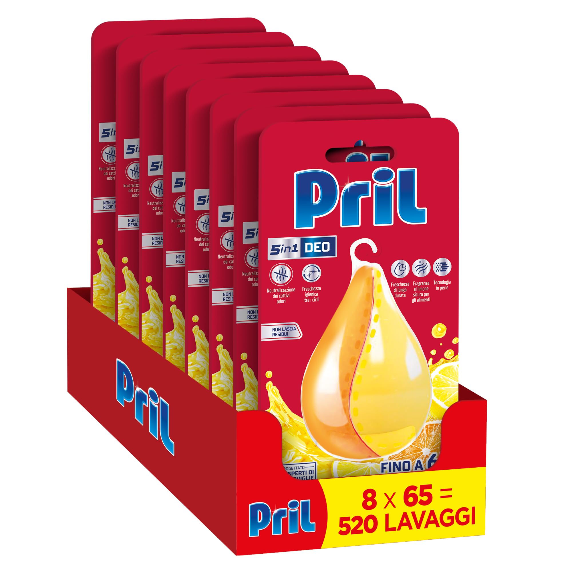 Pril 5in1 Deo Pearl profumatore per Lavastoviglie (8 confezioni da 65 lavaggi), Profumatore al Limone e Neutralizzatore di Odori, Profumatore per Lavastoviglie con Fragranza al Limone