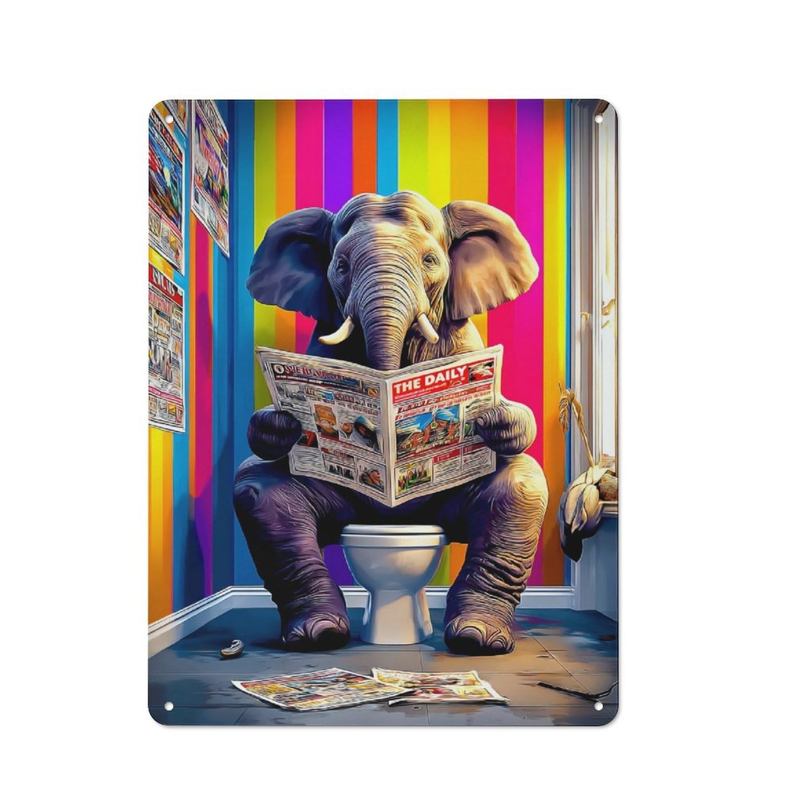 Elephant Reading Newspaper in Bathroom Metal Sign 40x30cm, Vintage Bar Wall Plaque for Diner, Restaurant, Shed Or Kitchen