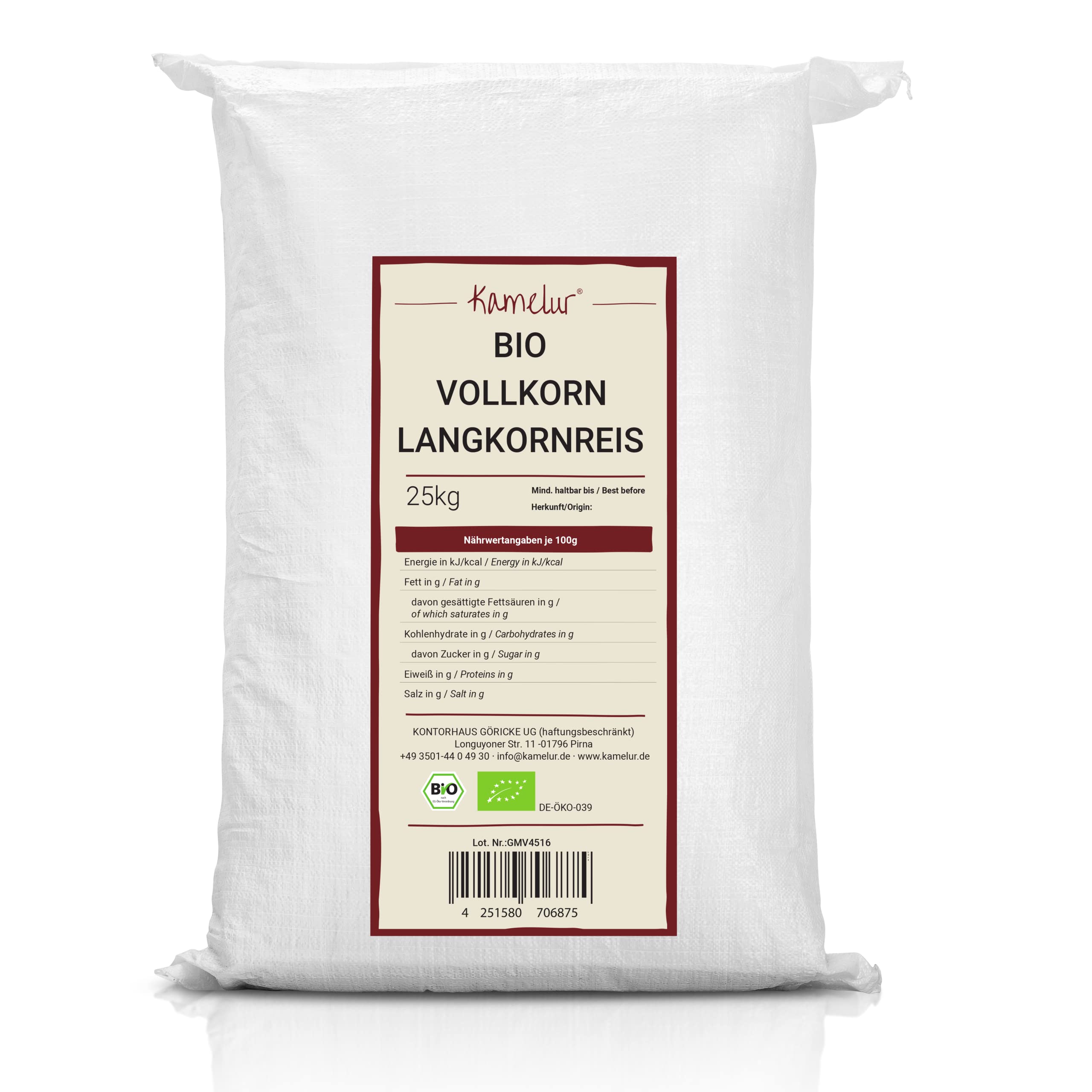 Kamelur 25kg BIO Langkornreis Vollkorn Langkornreis BIO & ungeschält ohne Zusätze Naturreis Vollkornreis in der Großpackung