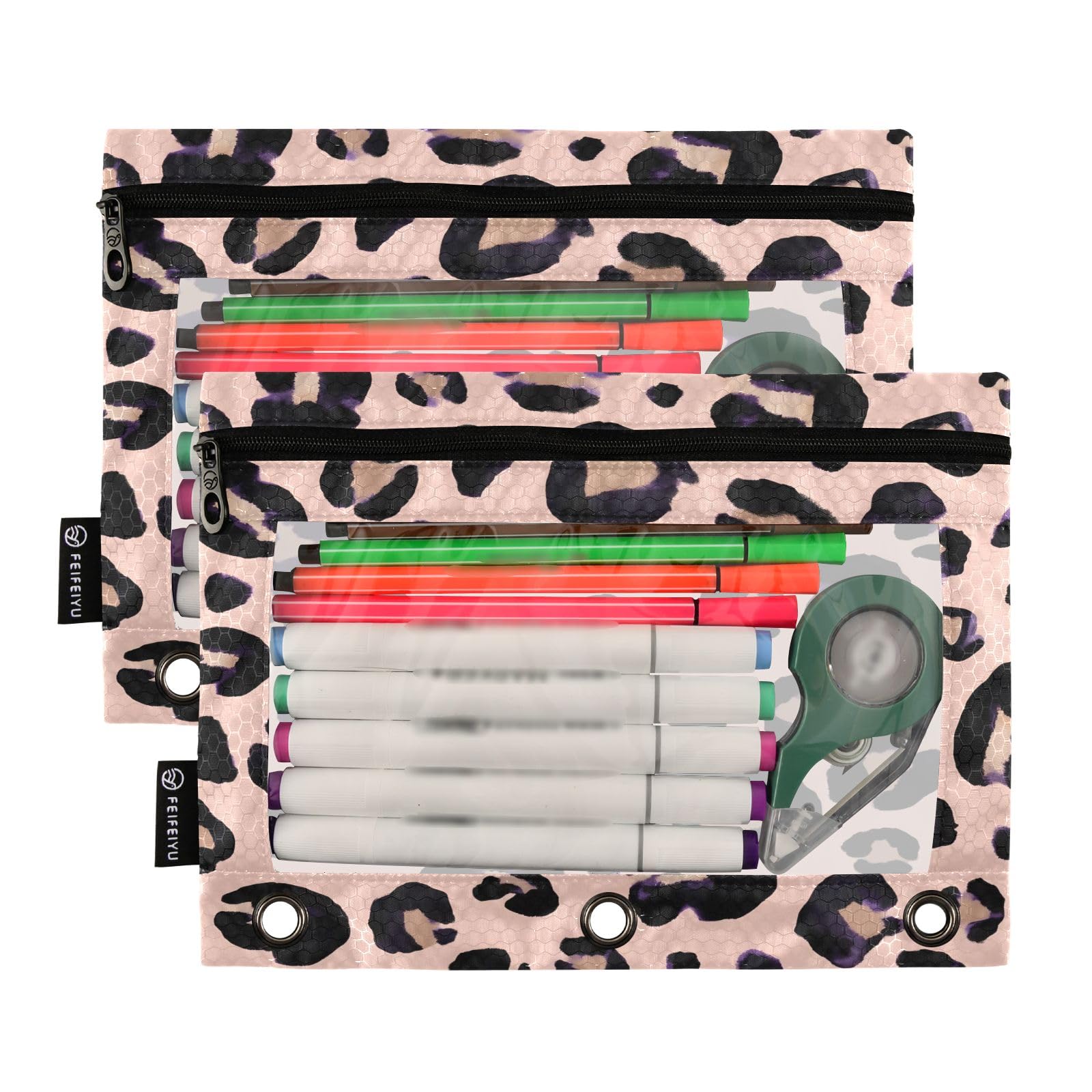 Estuche para lápices rosa con estampado de leopardo para carpeta de 3 anillos, 2 estuches para lápices con cremallera, estuche transparente con cremallera para lápices para suministros escolares de