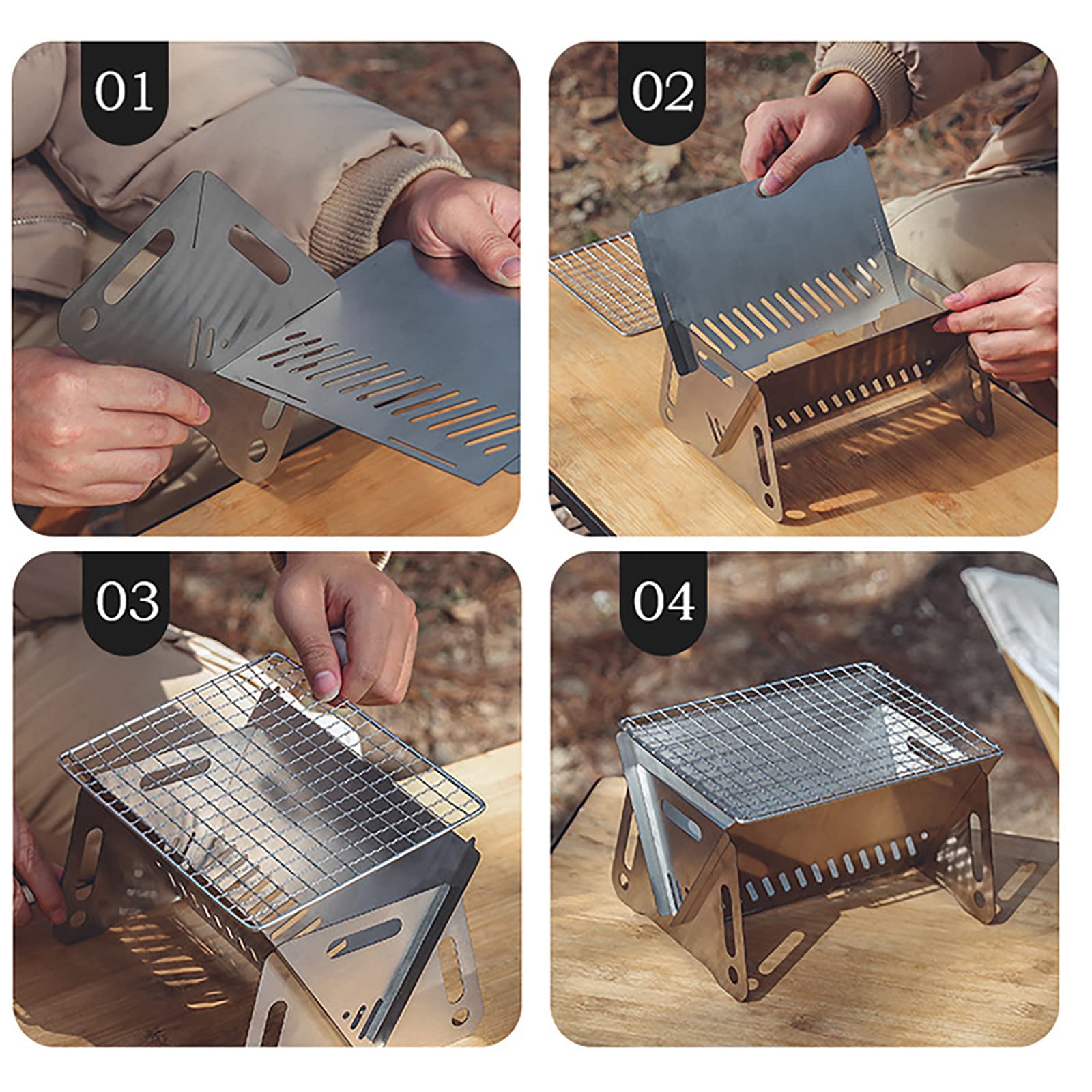 Generic Réchaud à Bois de Camping Portable Pliable en Acier Inoxydable Pliable Poêle à Bois pour Barbecue, Randonnée, Voyage, Pique-Nique
