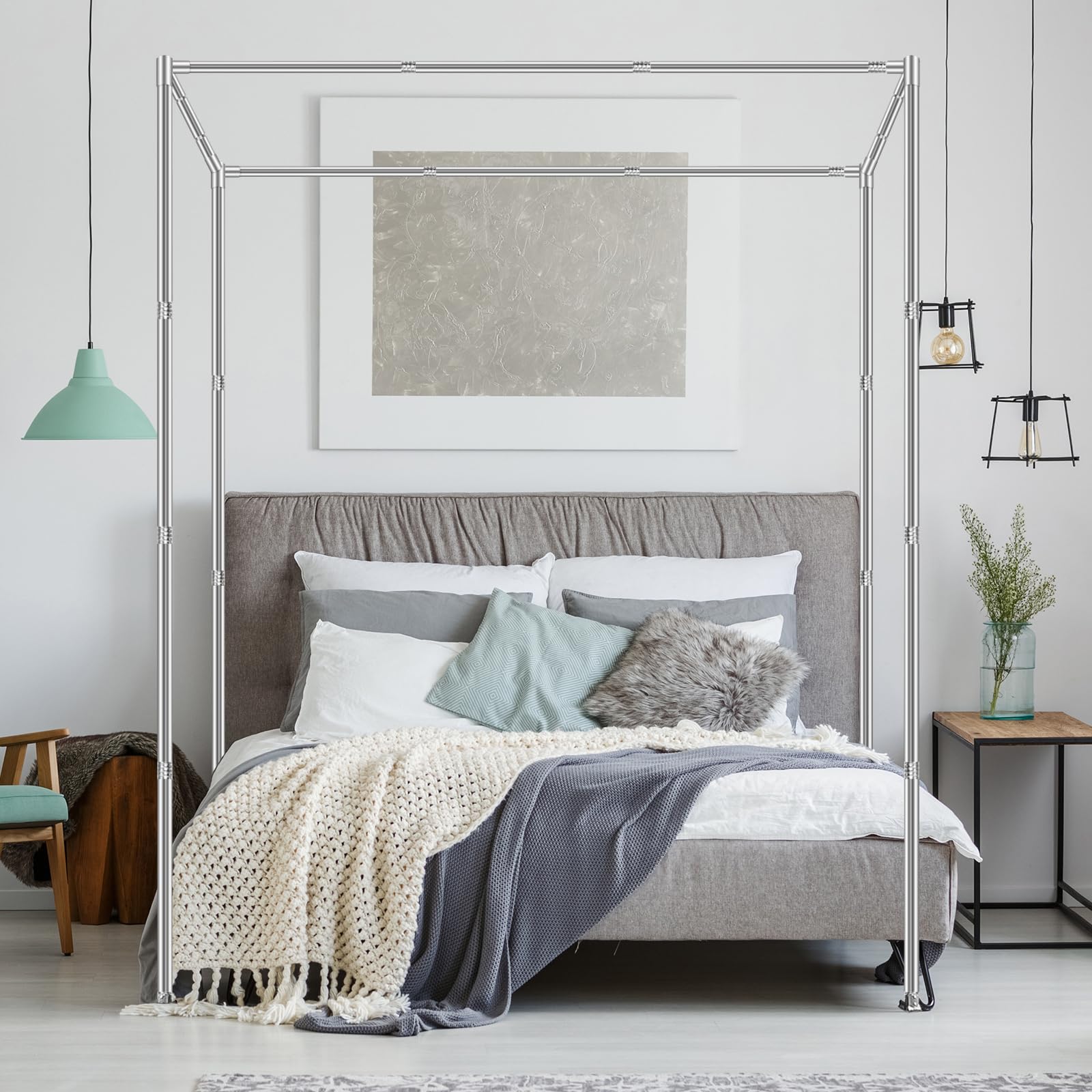 JENCEAILL King Size Canopy Bed Frame – Thickened Stainless Steel Poles, 4-Corner Sturdy Design, Compatible with Metal/Wood Beds, Ideal for Bedroom