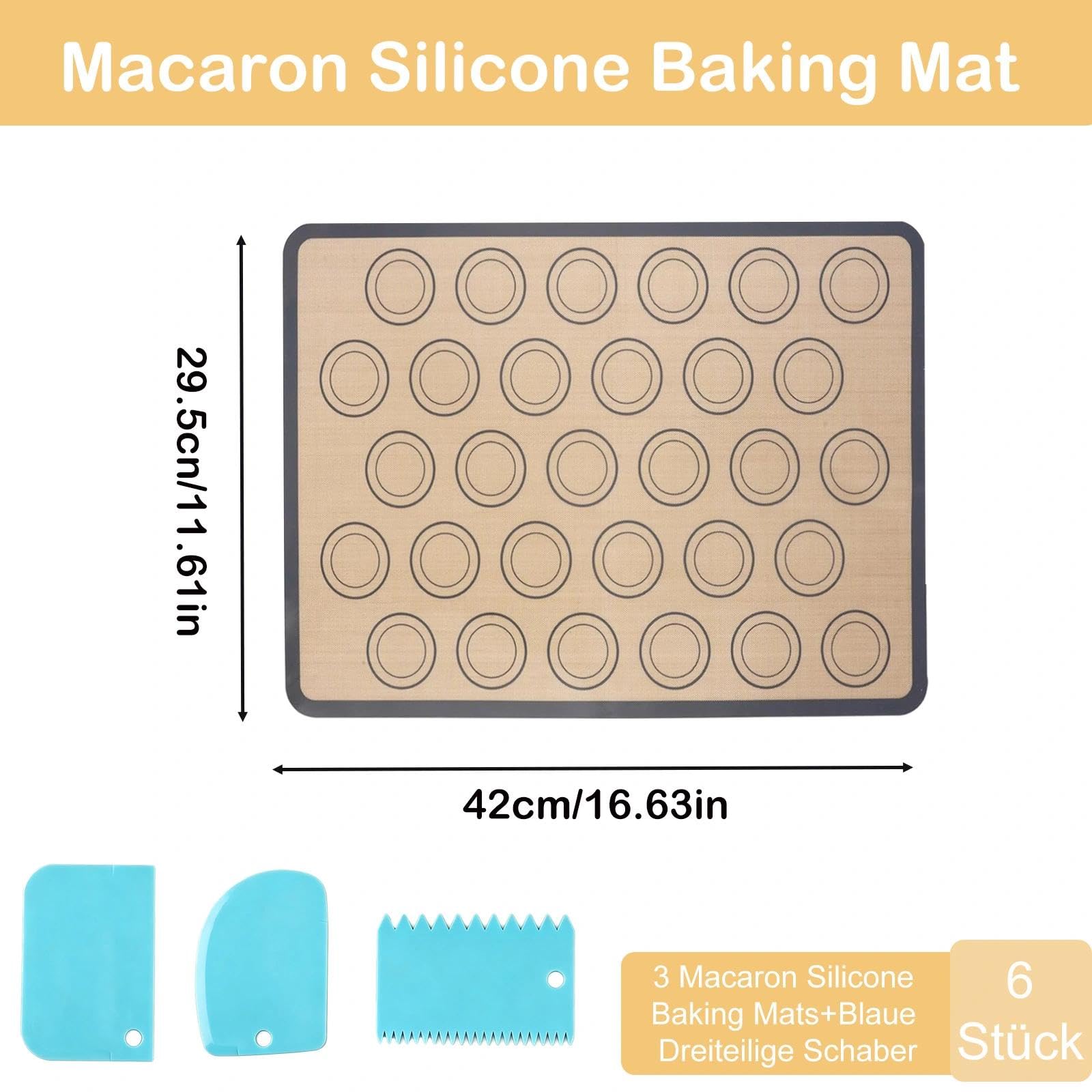 3 tappetini da forno in silicone per macaron, 42 x 29,5 cm, tappetino in silicone, facile da pulire, antiaderente, con raschietto blu, per torte, pane, biscotti, pizza