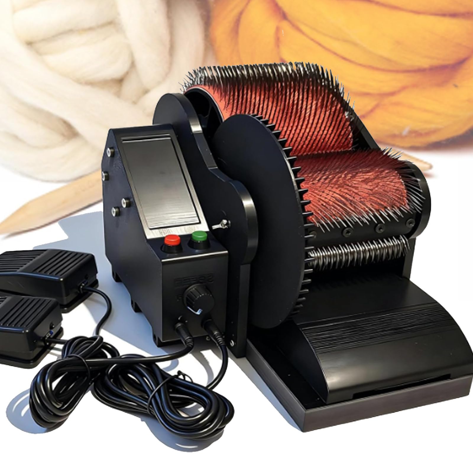 ZyKnaurral 50W Electric Wool Carding Machine, Wool Drum Carder, Wool Fiber Drum Carding Machine with Foot Pedal, Brush & Awl, Adjustable Forward and Reverse Speed, for Combing Blending