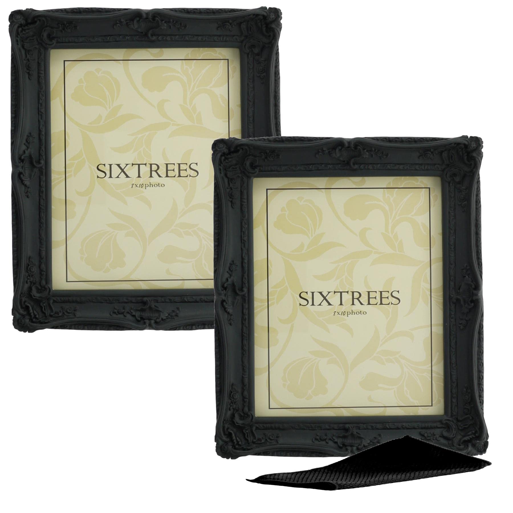 A Twinpack of Sixtrees Chelsea 5-253-80 Ornate Vintage Swept Shabby Chic Black 10x8 inch Photo frames - with Microfibre glass cleaning cloth.