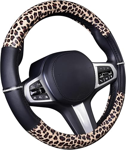 AUTOYOUTH Funda de cuero de leopardo para volante para mujeres y niñas con diamantes de imitación brillantes antideslizantes, lindo protector