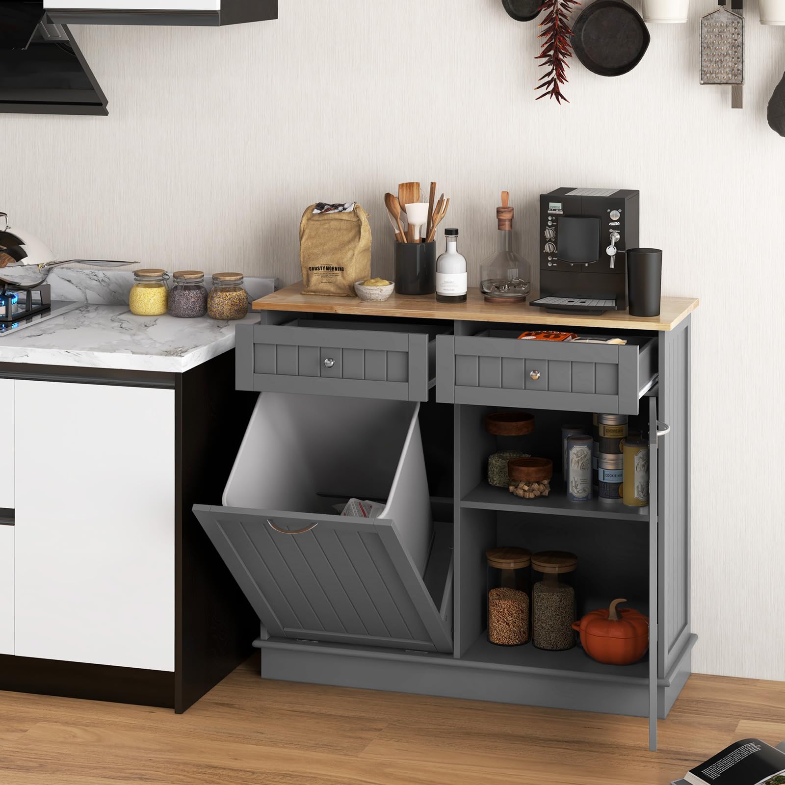GIANTEX Aparador de Cocina con 2 Cajones y Armario con Puertas, con Espacio para Cubo de Basura, 100 x 35 x 90,5 cm, Mueble de Almacenamiento para Cocina, Comedor, Inodoro (Gris)