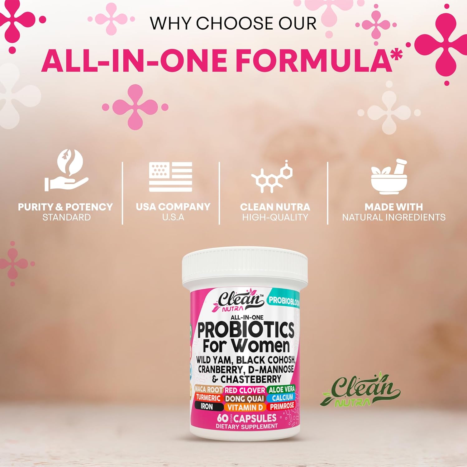 Clean Nutraceuticals Probiotics for Women with D Mannose, Cranberry Extract, Wild Yam, Chasteberry - 20 Probiotic and Prebiotic Strains - PH Balance, Womens Probiotic for Digestive Health - 60 Count - Image 7