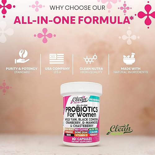 Miniatura 7 de Clean Nutraceuticals Probióticos para mujeres con D manosa, extracto de arándano, ñame silvestre, chasteberry  20 cepas probióticas y prebióticas