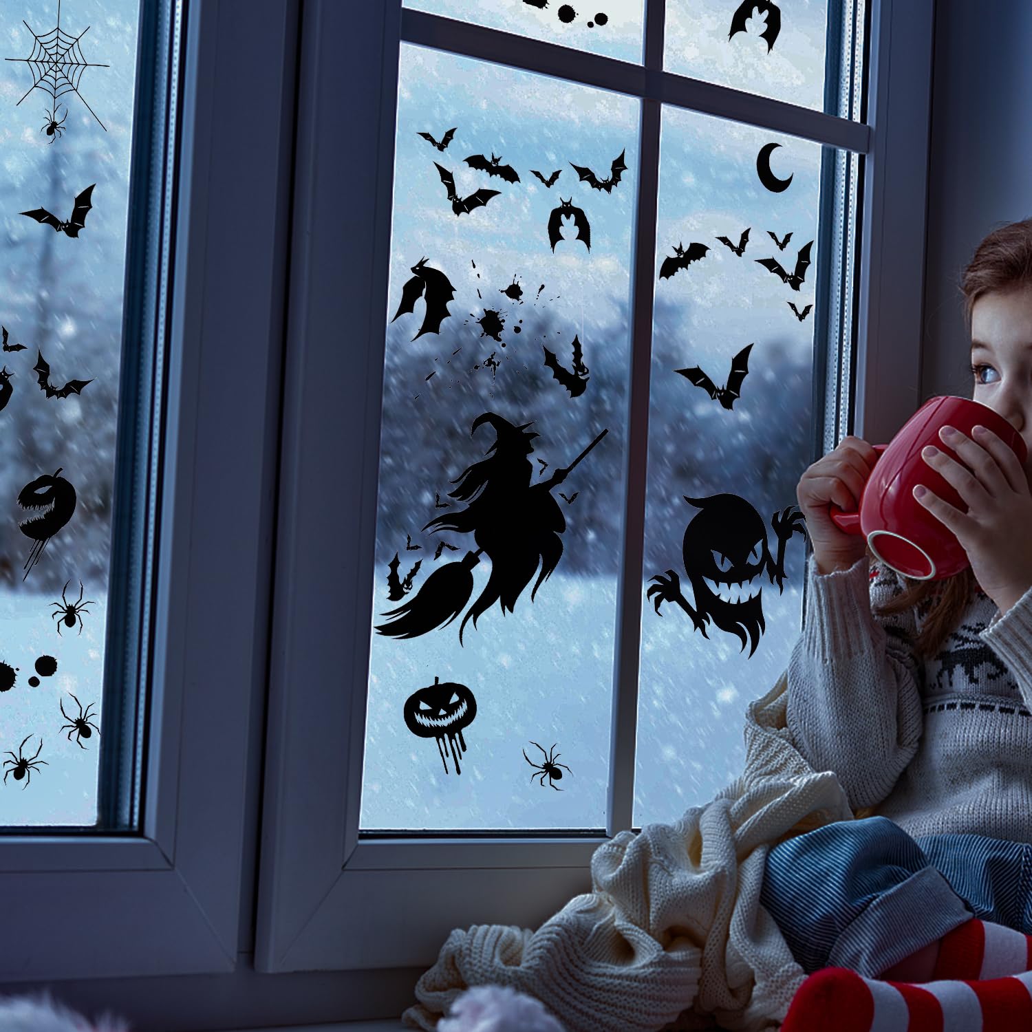 65 Stück Halloween-Fensteraufkleber, Statisch & Abnehmbar – Mit Kürbissen, Geistern & Spinnen