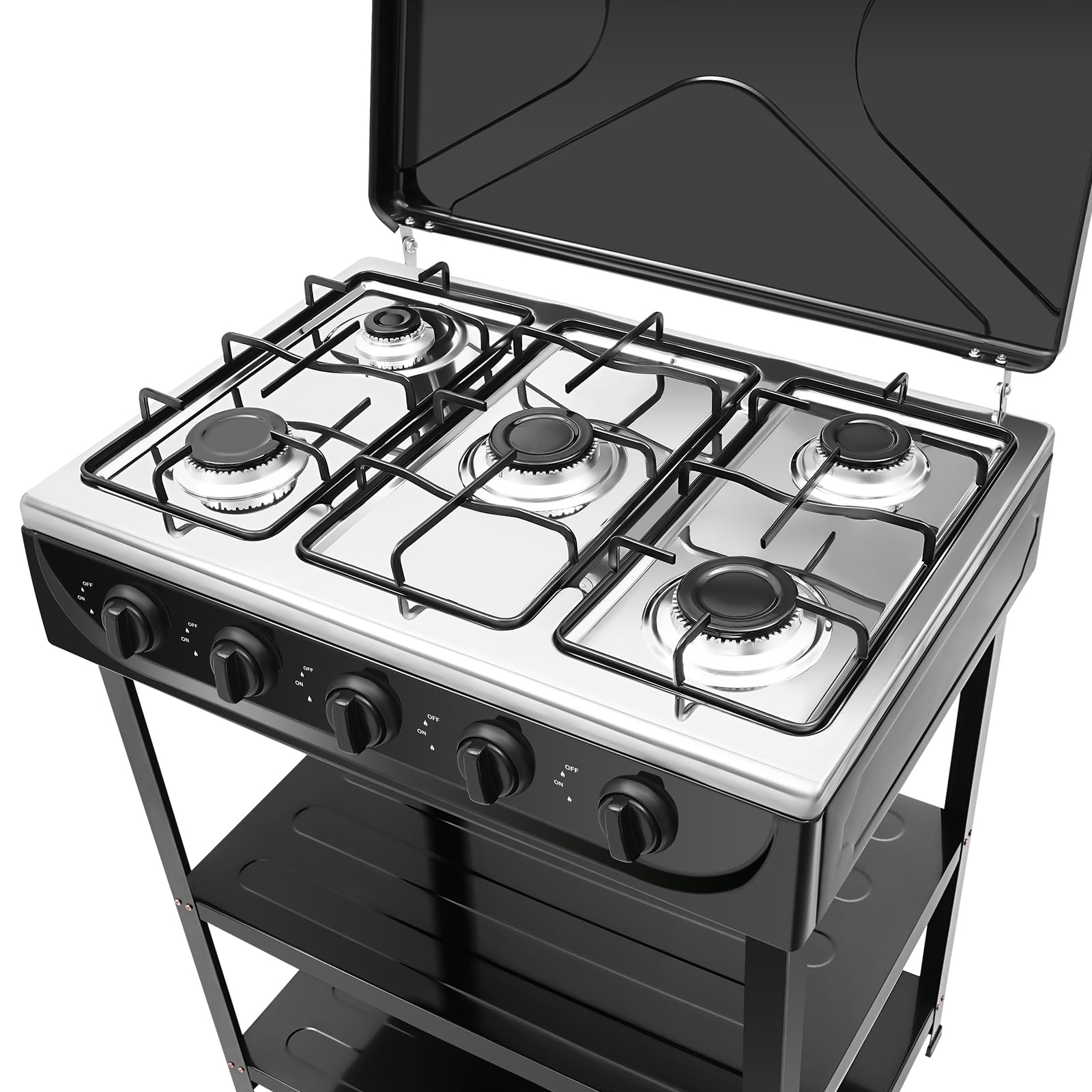 Erdgasherd mit 5 Brennern, 2,5KW Freistehendes Gaskochfeld, Manuelle Zündung, Freistehender Gasherd für Camping, Outdoor, Wohnmobil