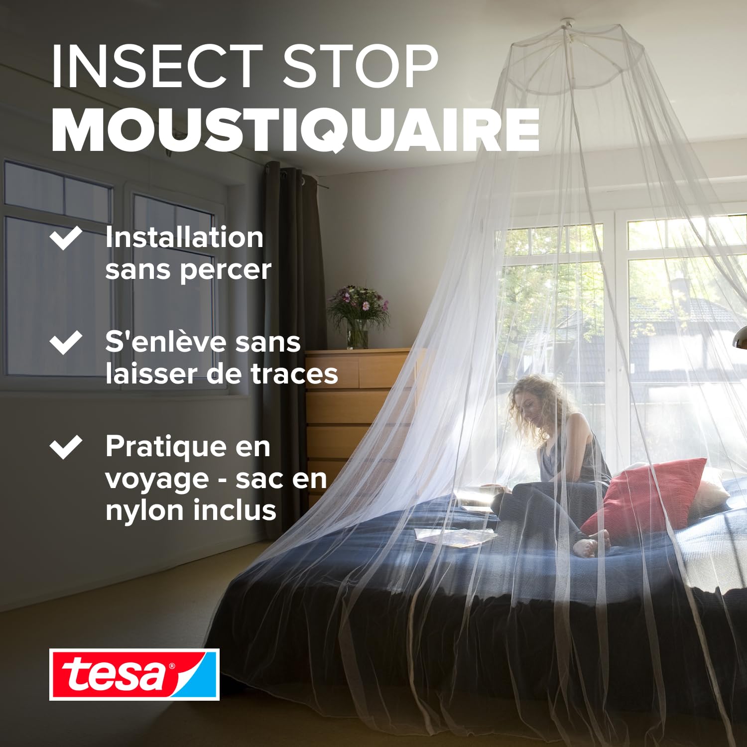 Tesa Stop Moustiquaire Voile Comfort – Ciel Anti-Insectes avec Crochet Adhésif – pour Le Voyage et la Maison – Lit Simple ou Double – avec Sac de Transport – Blanc 55836-00020-00
