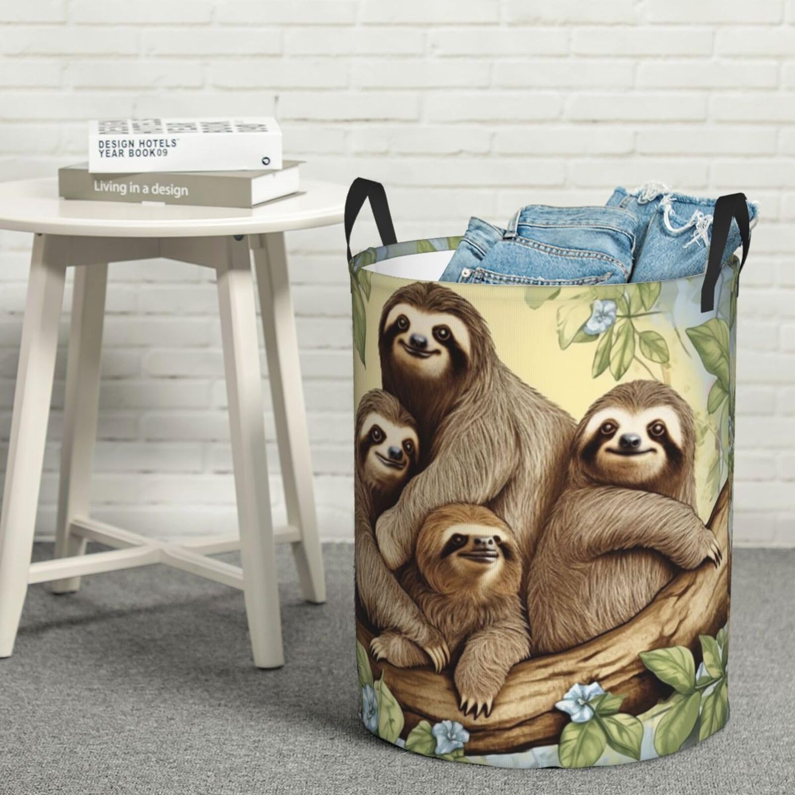 Fodpand Black Sloth Family Laundry Basket With Handle, Freestanding Laundry Hamper, Collapsible Dirty Clothes Hamper, Waterproof Fabric Blanket Storage Basket Tall Toy Storage Bin Room Decor Medium
