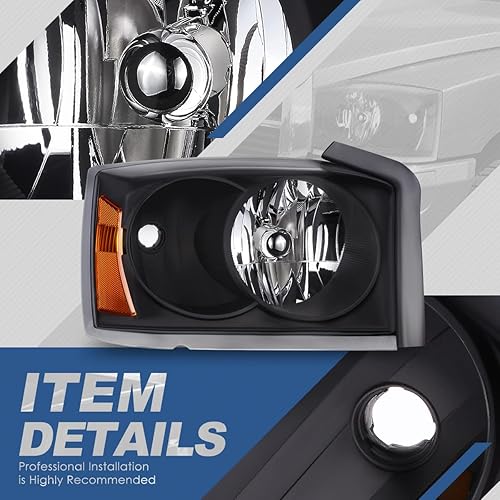 Miniatura 4 de Auto Dynasty Conjunto de faros halógenos estilo fábrica compatible con Dodge Dakota 2005-2007, lado del conductor y del pasajero, carcasa negra