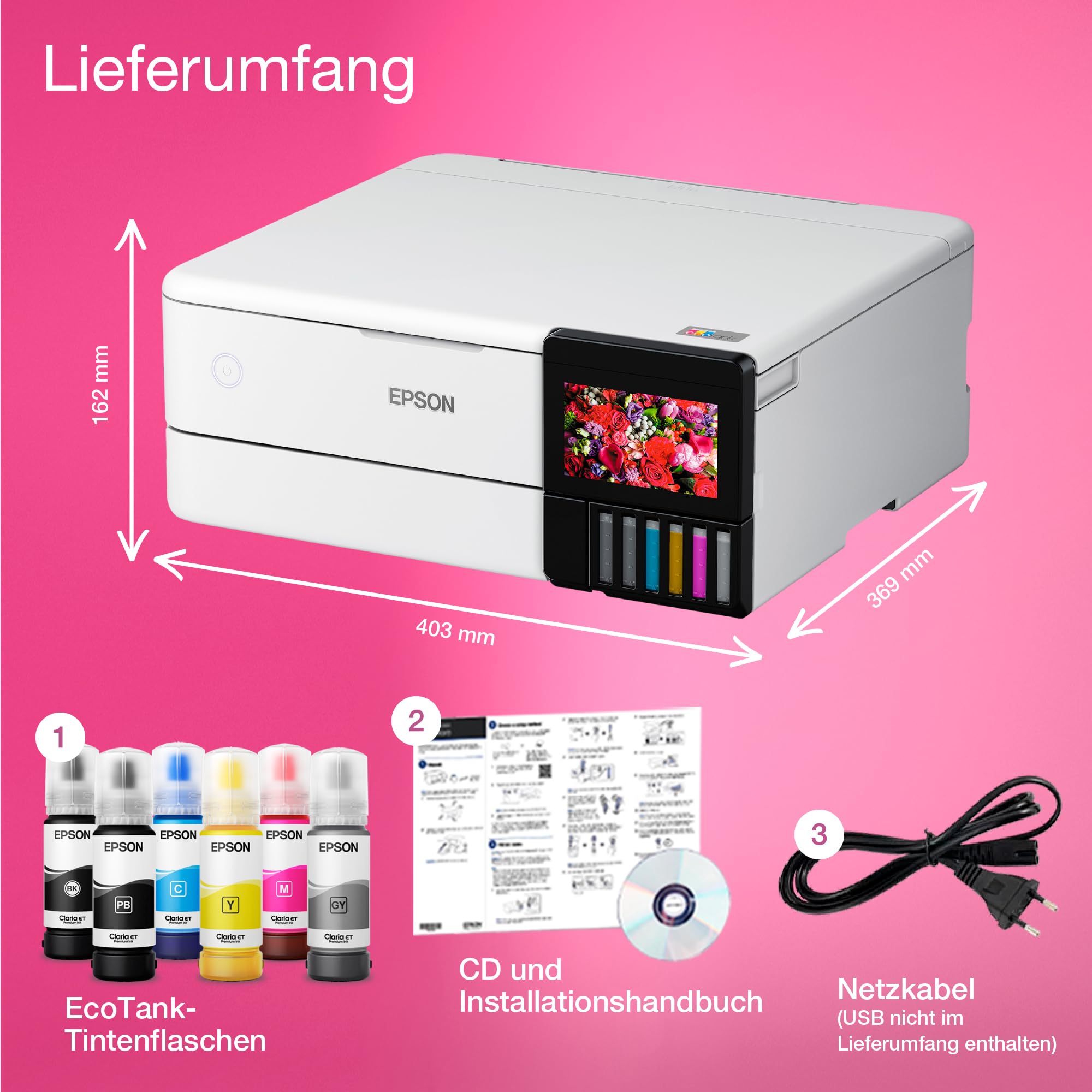 Epson EcoTank ET-8500 Tintentankdrucker | Fotodruck | 6-Farb-Tintensystem | WLAN | A4 | Drucken, Kopieren, Scannen | 10.9 cm Touchscreen | Duplexdruck | hinterer Papiereinzug
