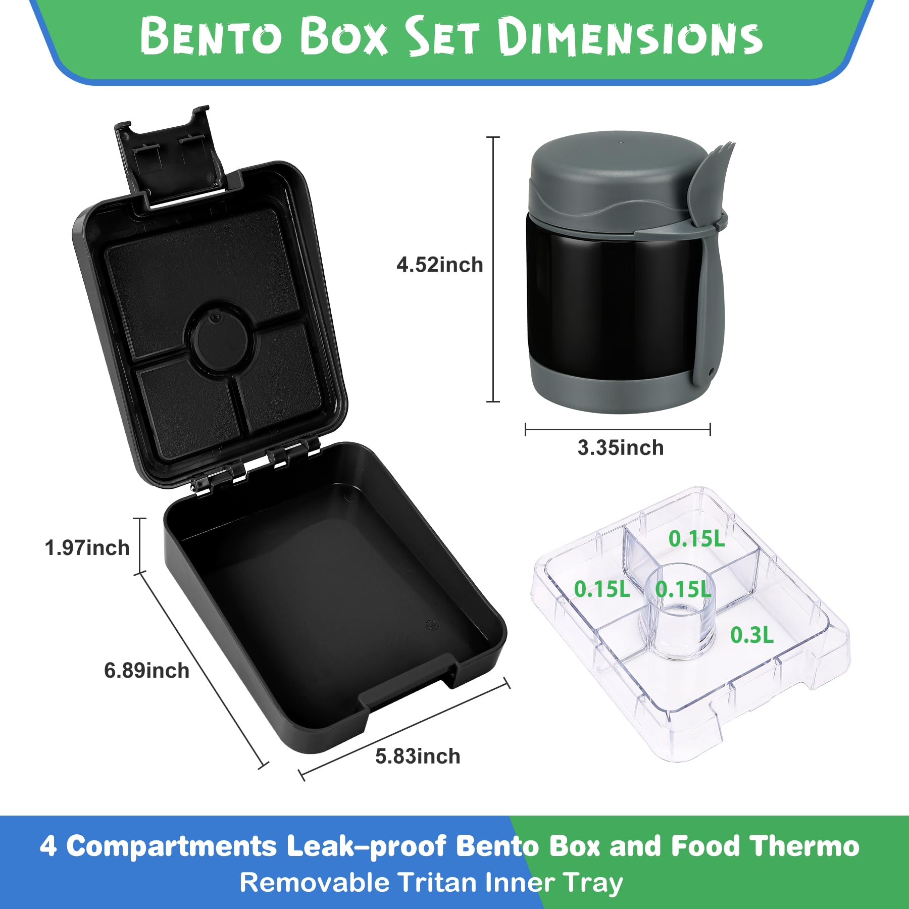 Bento - Set di contenitori per il pranzo con thermos da 283,5 g, contenitori per il pranzo a prova di perdite con 4 scomparti, contenitore per alimenti per bambini, contenitore termico per alimenti,