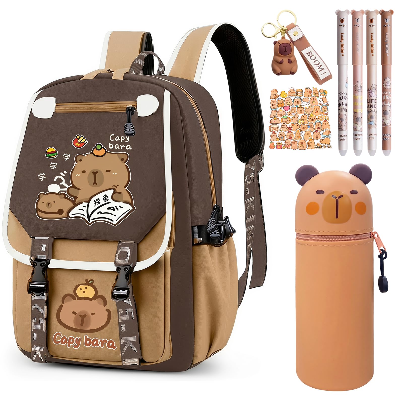 Mochila Infantil Capybara con Estuche y Bolígrafos Borrables, Marrón 1