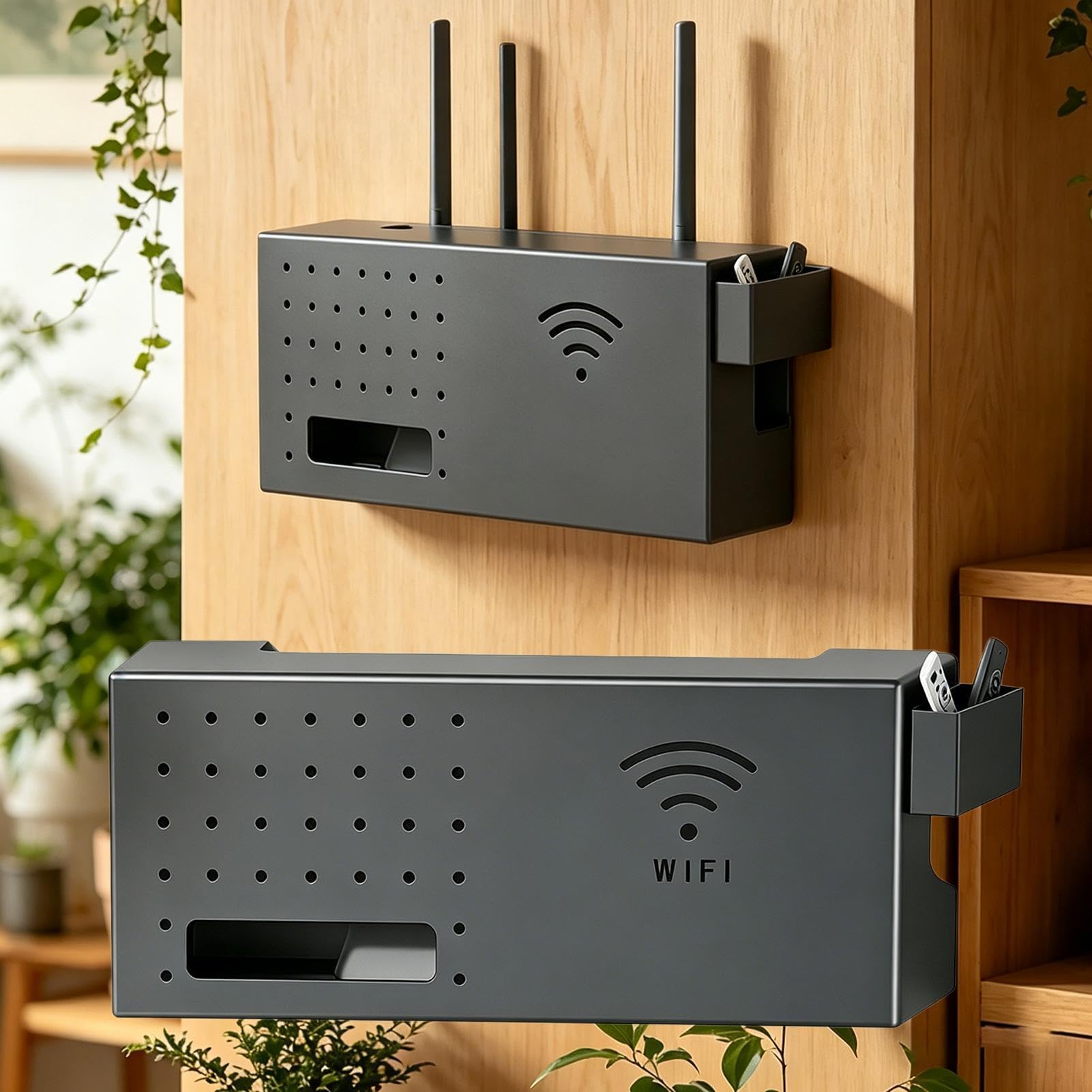 Router-Aufbewahrungsbox – Wandregal aus Karbonstahl, Wärmeableitungsschlitze, integrierte Kabelordnung, keine Bohrmontage | Schwimmende Netzwerk-Hub-Abdeckung für Wohnzimmer, Schlafzimmer, Wohnheim