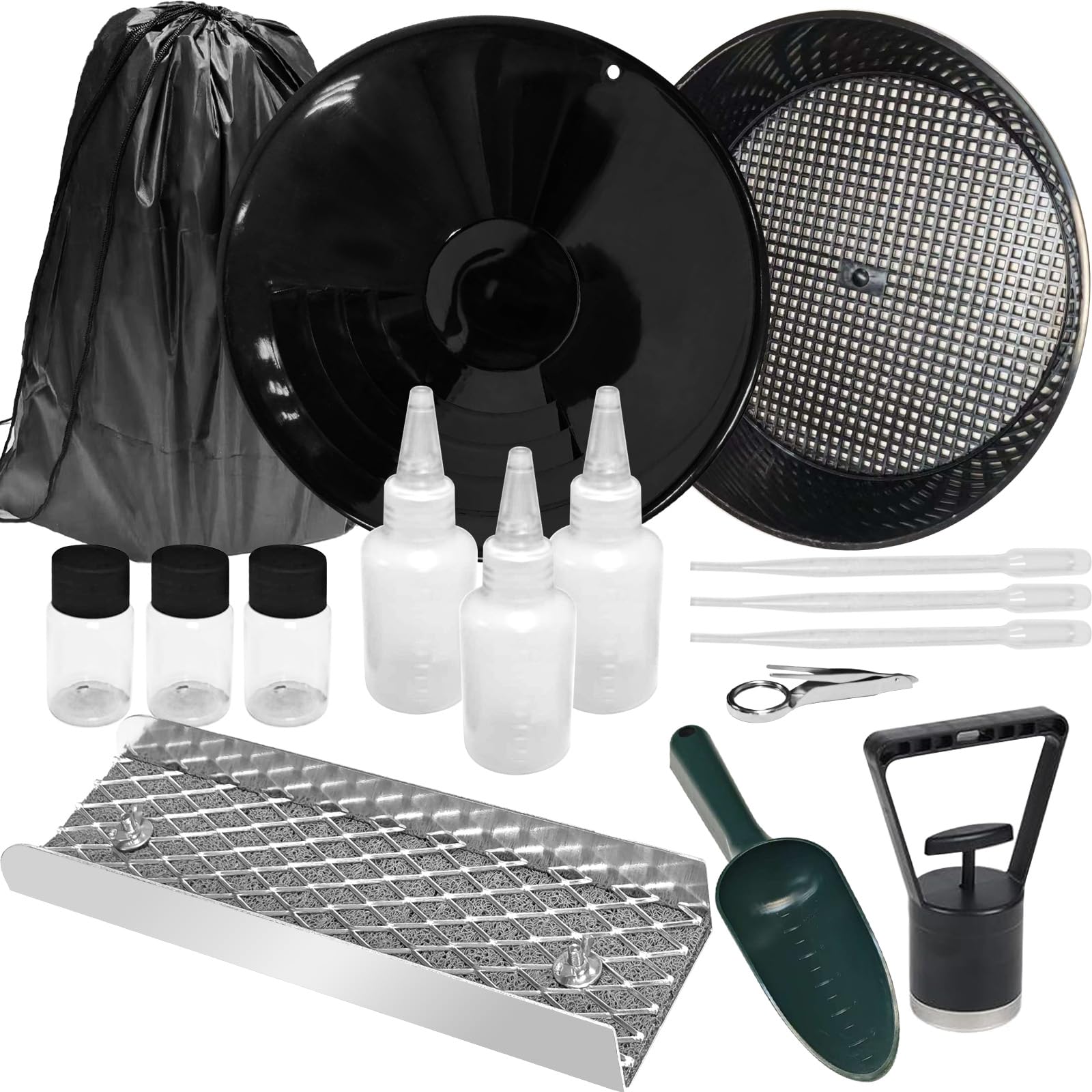 Kit completo di panning da 127 cm, 19 pezzi, kit pieghevole in lega di alluminio, attrezzatura per la prospezione dell'oro con padella, schermo classificatore e altro (argento, 30,5 cm)