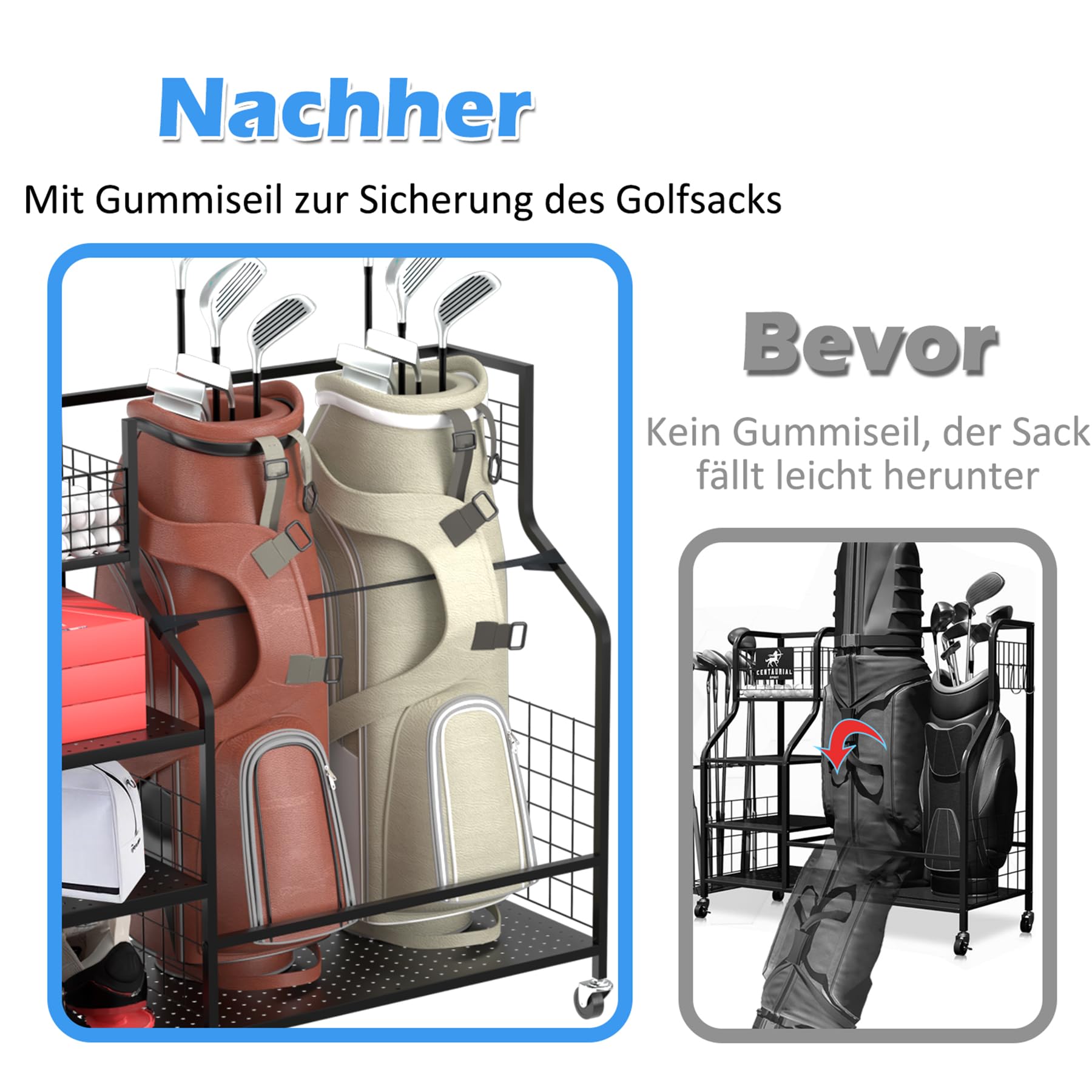 Golftaschen-Regal für Garage - Golfschläger-Halter Ständer extra groß, passend für 2 Taschen & Outdoor-Spielzeugaufbewahrung
