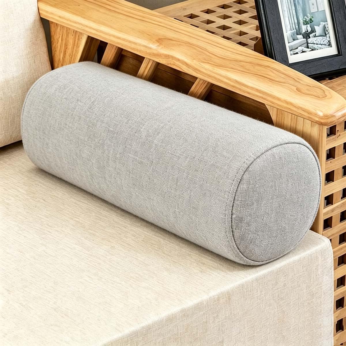 Akuops Round Bolster Cushion, Cuddly Soft Linen Neck Pillow, Knee Roll Cushions, Round Back Lumbar Elbow Support for Armrest at Sofa & Bed, Compact and Lightweight (60x20cm,Gray)