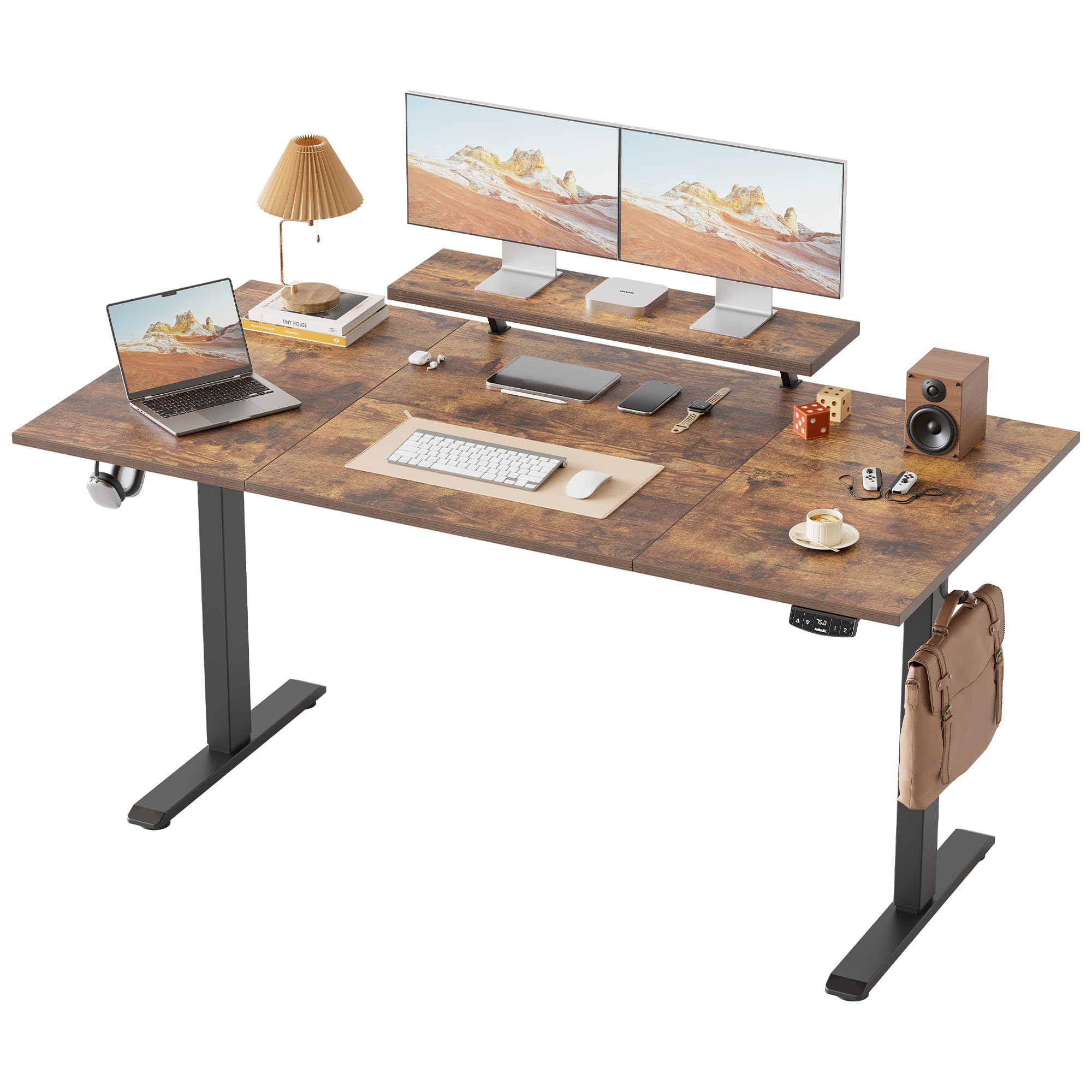 Klicelor Electric Height-Adjustable Desk with Movable Monitor Stand, 160 x 80 cm Sit-Stand Desk with 2 Memory Buttons and 4-Piece Table Top, Computer Desks, Brown