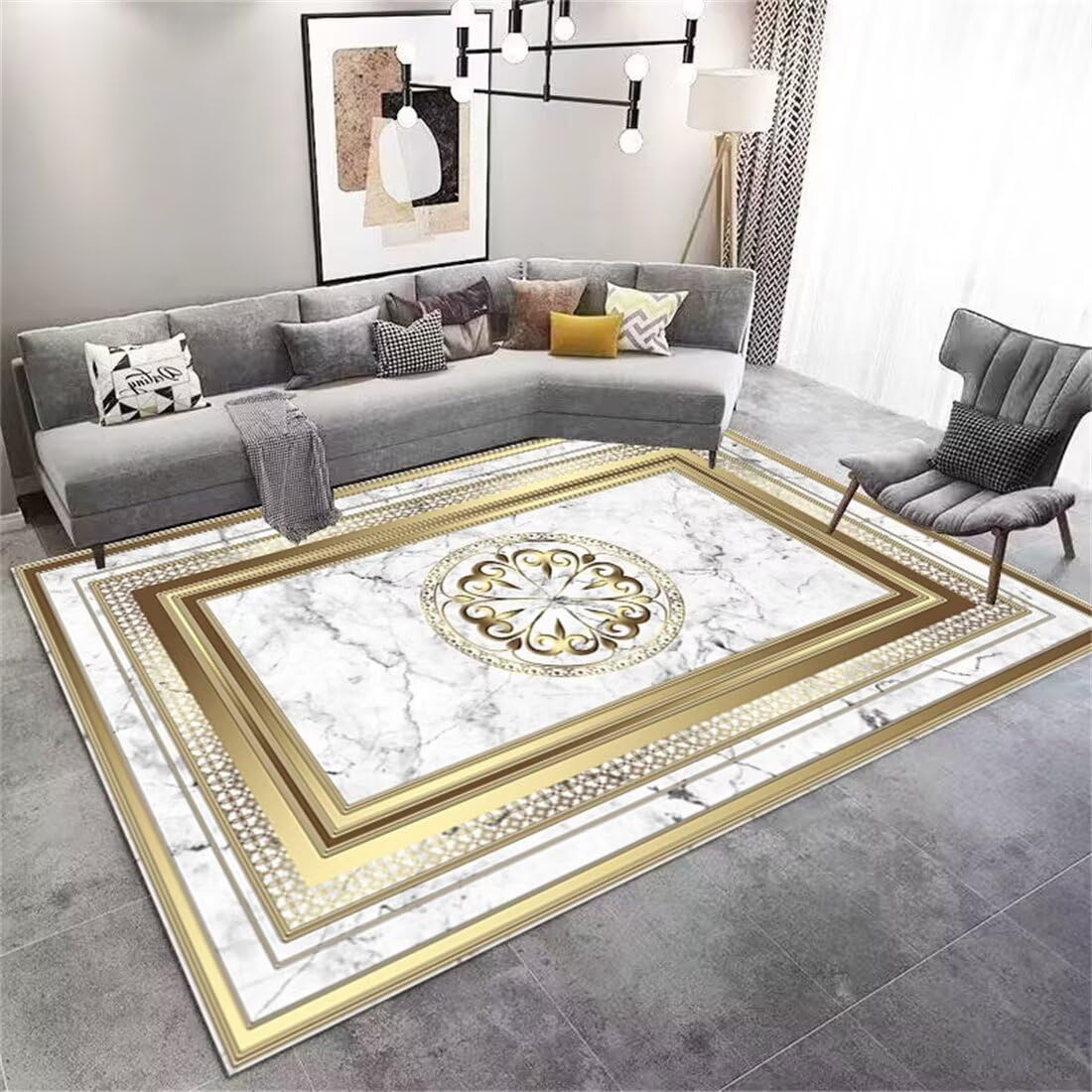 Tapis décoratif texture marbre gris et jaune style luxe pour chambre