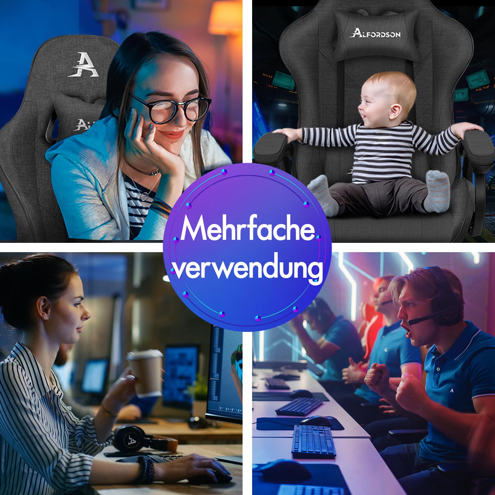 ALFORDSON Gamingstuhl, Bürostuhl, mit 2-Punkt-Massage, Fußstütze, Kopfstütze und Lendenkissen, 150° verstellbare Rückenlehne, Leinen Fabric, Dunkelgrau