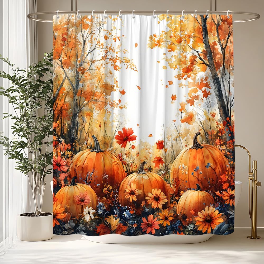 Fall Pumpkin Shower Curtain Farmhouse Thanksgiving Autumn Maple Forest Orange Flower Yellow Leaves Rustic Watercolor Floral Harvest Gold Branches Falling Leaf Decorative Curtain Polyester Fabric