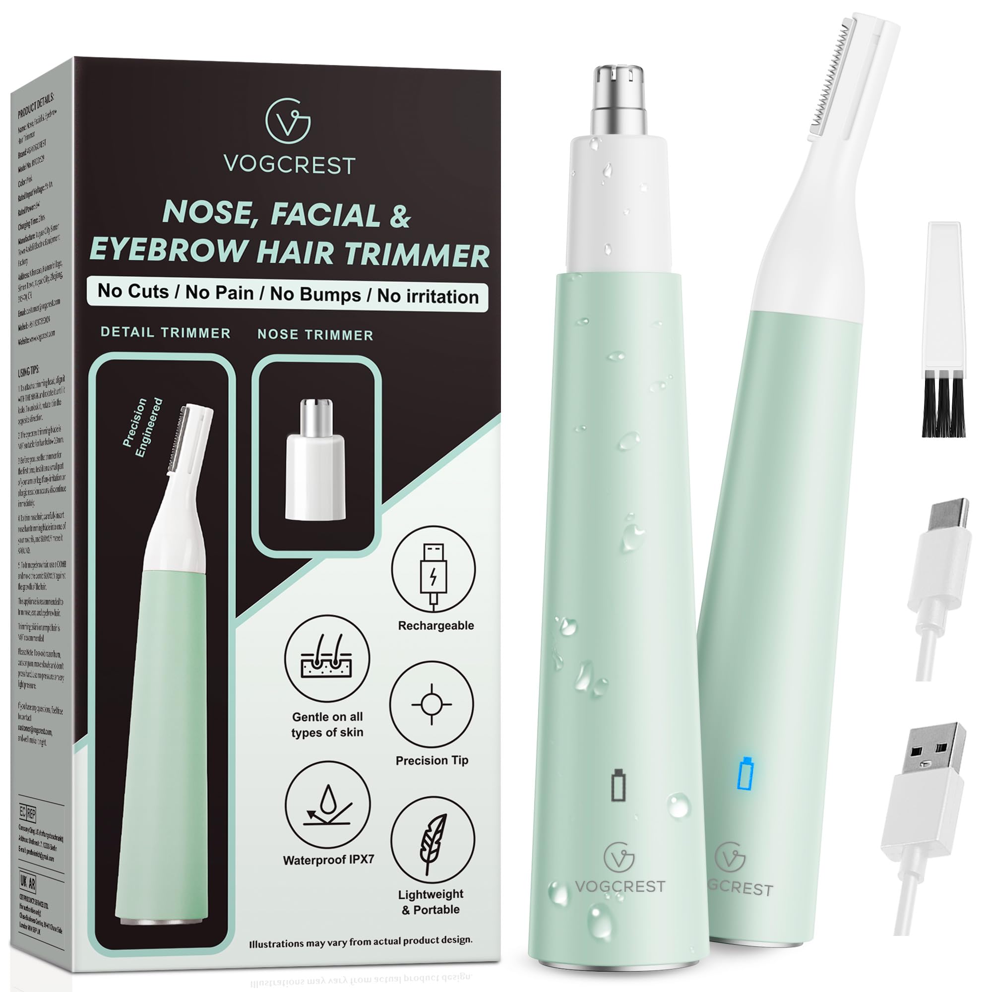 VG VOGCREST Nose Hair Trimmer for Women Rechargeable 2 in 1 Ear Eyebrow Trimmer Green