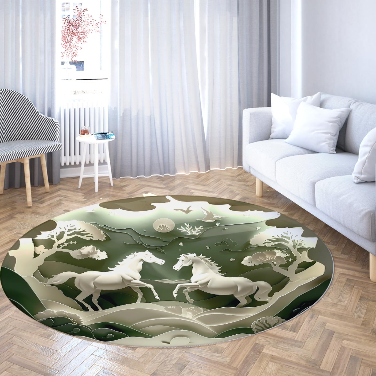 Tapis rond arbre à cheval blanc 140cm, œuvre d'art en papier découpé
