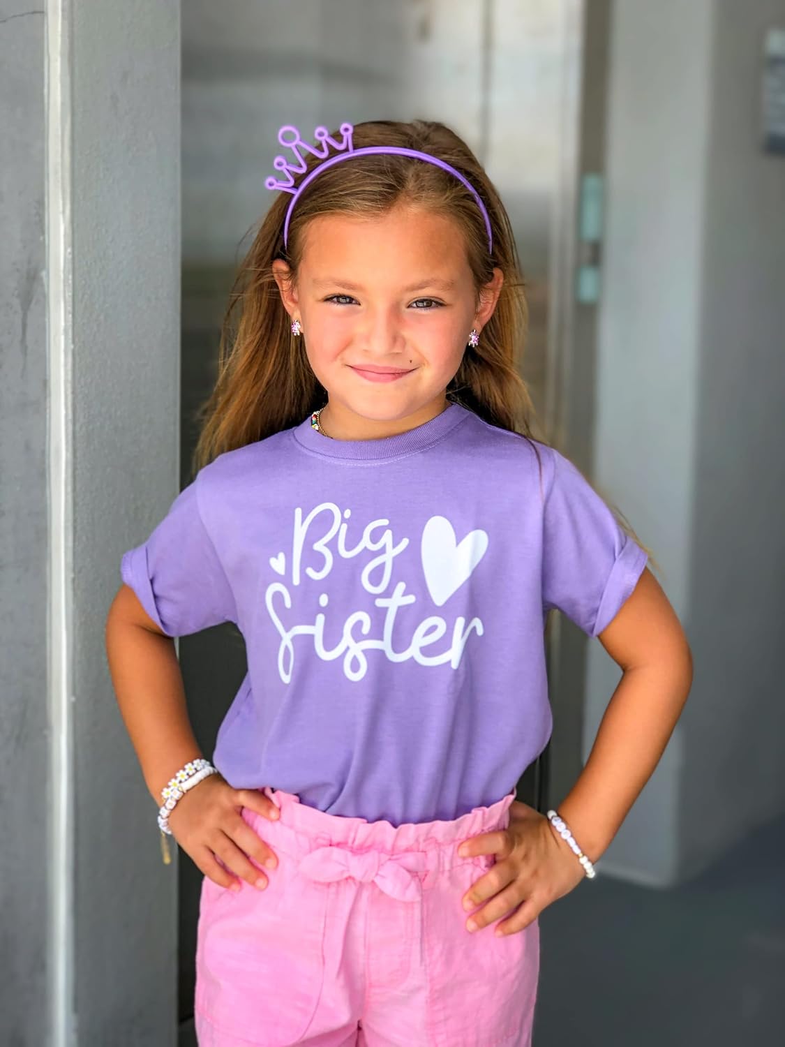 Olive Loves Apple Cursive Big Sister Hearts Sibling Reveal T-Shirt for Baby and Toddler Girls Sibling Outfits Mauve Shirt - Image 6