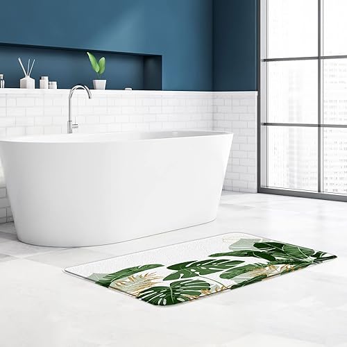 Miniatura 2 de Tapete de baño con plantas verdes tropicales, hojas doradas, plátano, monstera, palmera fresca, verano, alfombra de baño, cocina, inodoro, puerta,