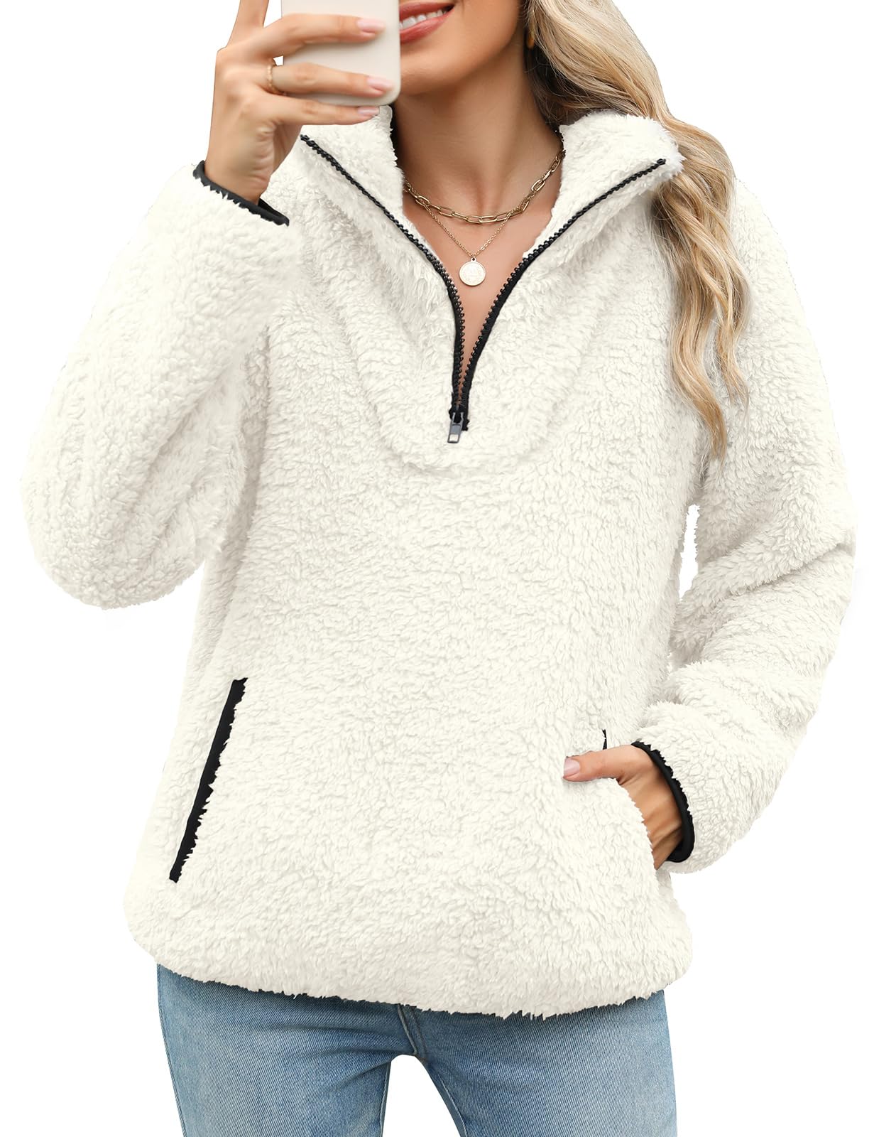 Tuopuda Sweatshirt Femme Polaire Zippé, Sweat Manches Longues, Pulls en Peluche Sweat-Shirt avec Poche Streetwear Sport Tops Élégant Casual Pullover Automne Hiver
